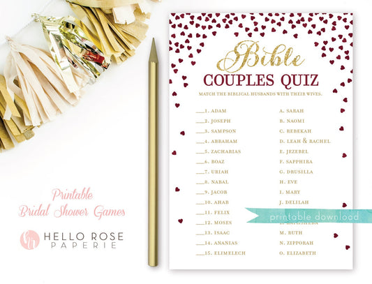 Bible Couples Quiz . Printable Bridal Shower Game . Famous Biblical Couples . Burgundy and Gold Bridal Shower Game . Instant Download Game