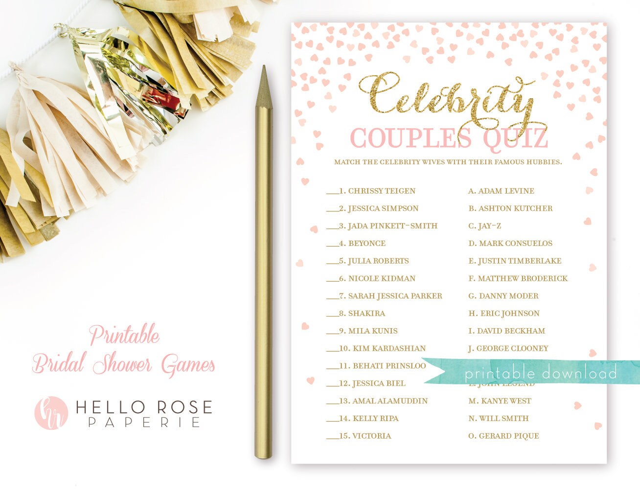 Celebrity Couples Quiz . Famous Couples Bridal Shower Game . Pink and Gold Bridal Shower . Blush Pink and Gold . DIY Printable Download
