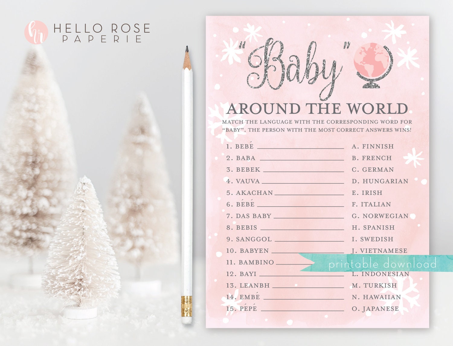 Baby Around the World Printable Baby Shower Game . Baby its Cold Outside Winter Girl . Pink and Silver Glitter Snowflakes . Instant Download