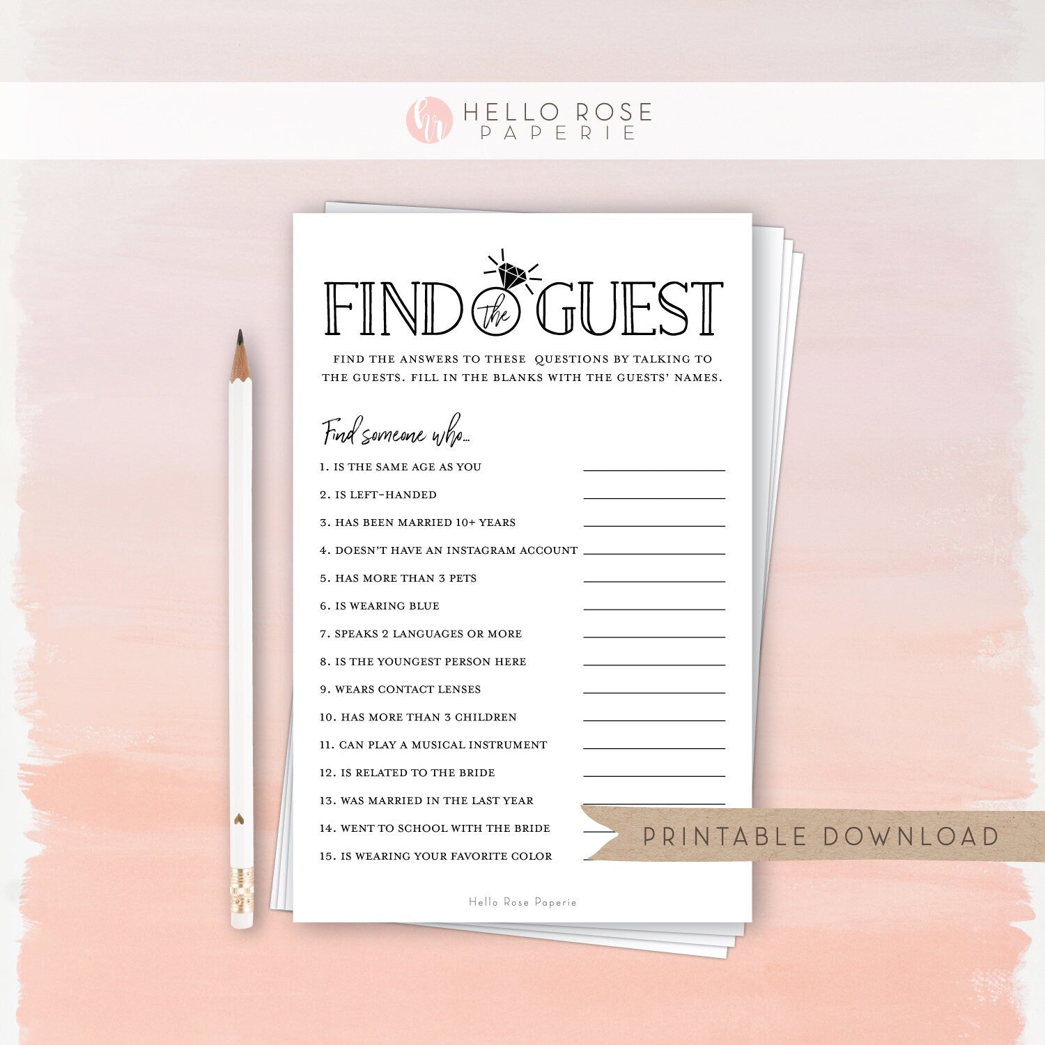 Find the Guest Who Printable Bridal Shower Game . Icebreaker . Kraft + Minimalist Black & White . Wedding Shower . Instant Digital Download