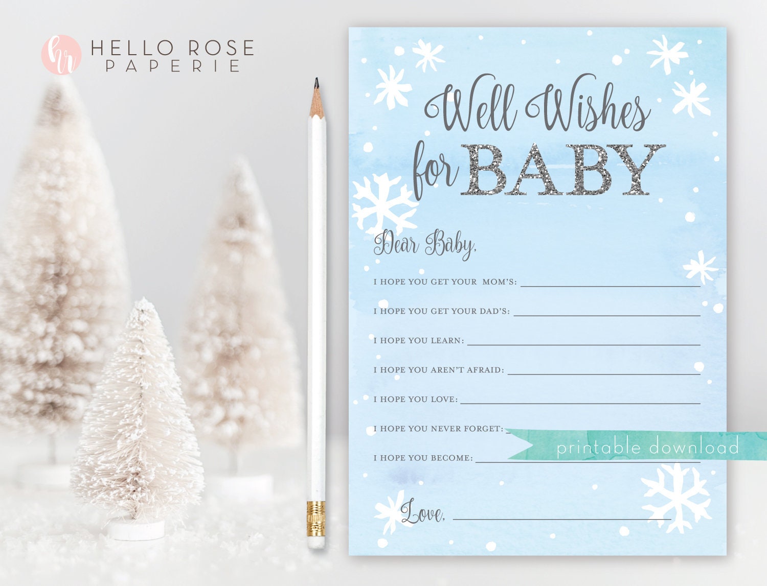 Well Wishes for Baby Card . Baby Shower Game . Baby It's Cold Outside Boy . Winter Snowflakes Blue and Silver . Printable Instant Download