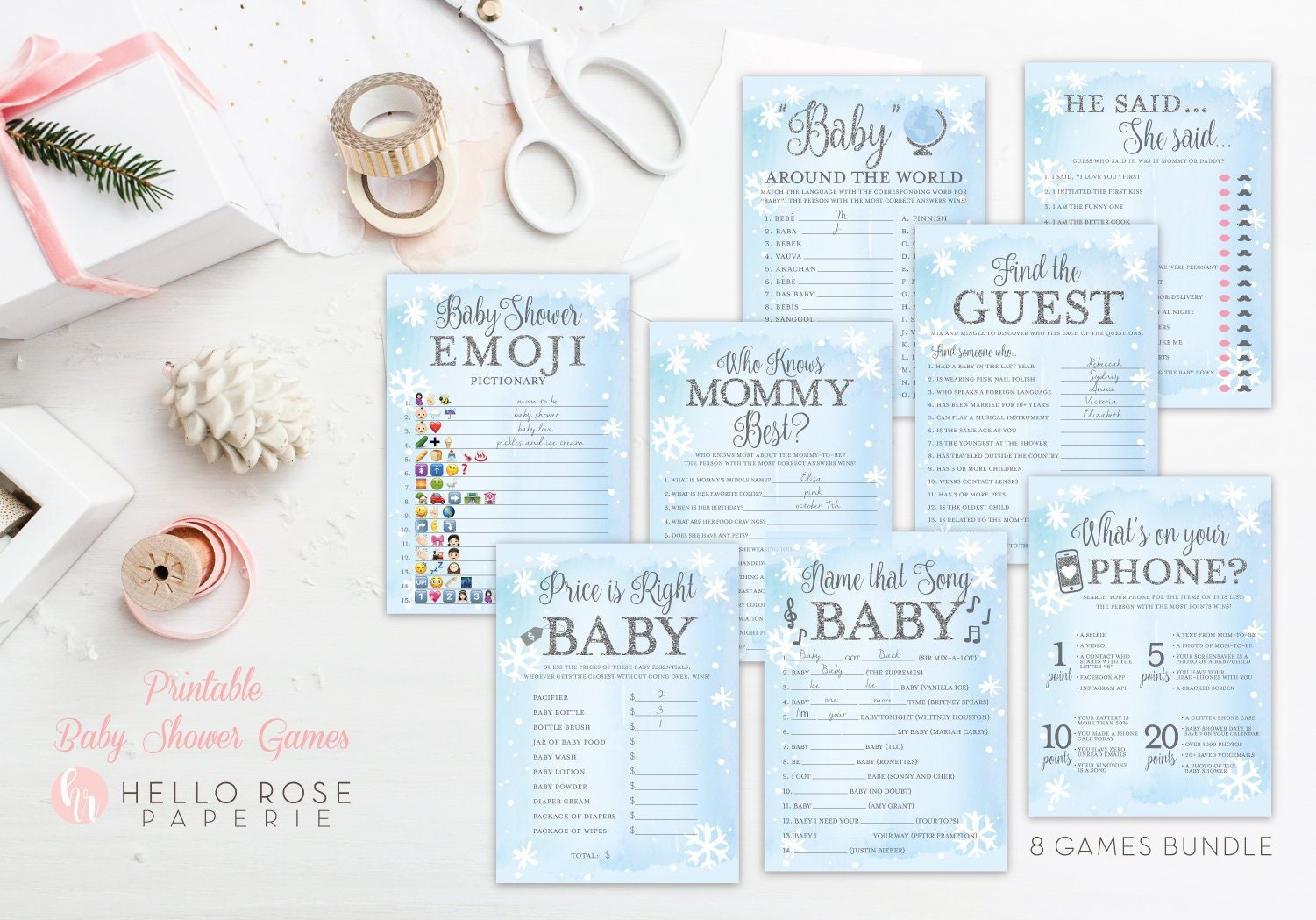 Baby Shower Boy Games Set 8 Games Printable . Blue and Silver Winter Wonderland Snowflakes Baby its Cold Outside . Instant Download Bundle