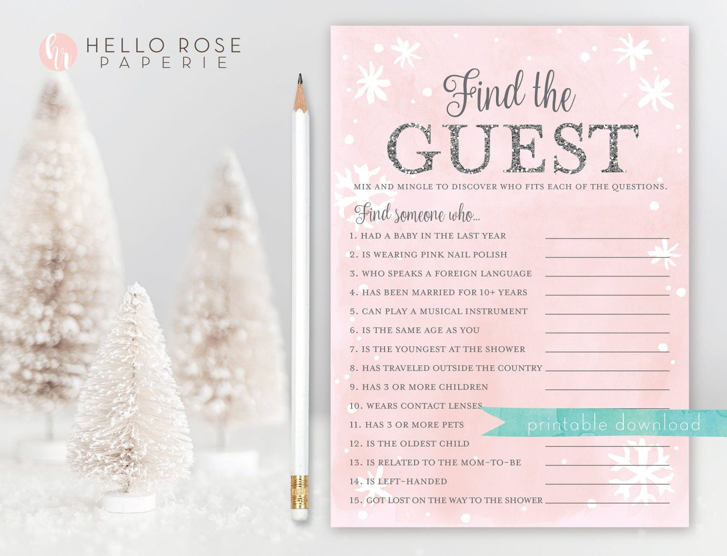 Find the Guest . Icebreaker Baby Shower Game Girl . Pink and Silver . Winter Wonderland Baby it's Cold Outside Snowflakes . Instant Download