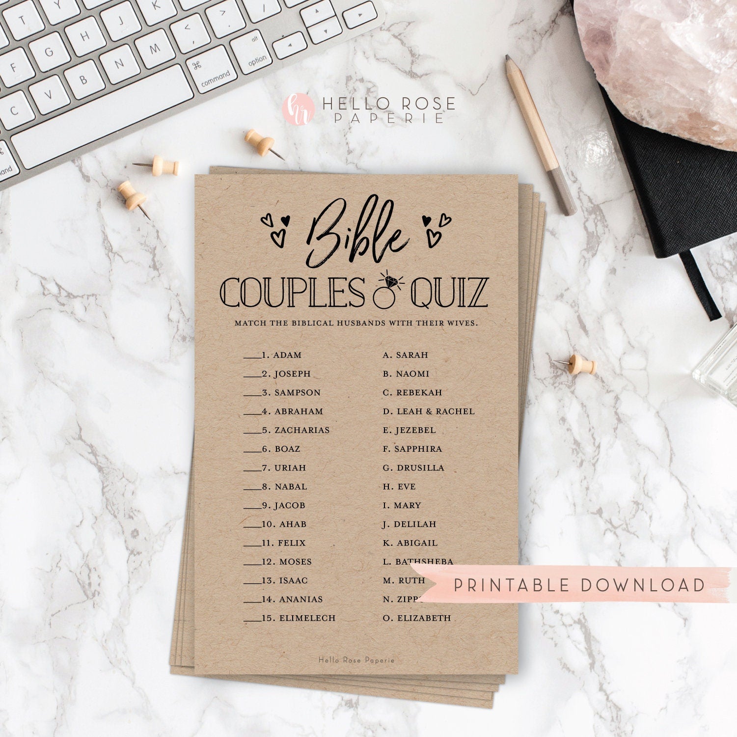 Bible Couples Matching Quiz . Bridal Shower Printable Game . Christian Biblical Religious . Kraft + Black & White . Instant Digital Download