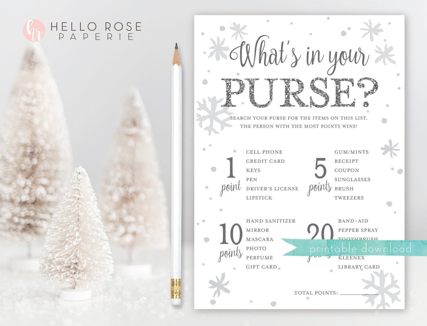 Whats in your Purse Printable Baby Shower Game . Winter Girl Boy Twins . Baby its Cold Outside White and Silver Glitter . Printable Download
