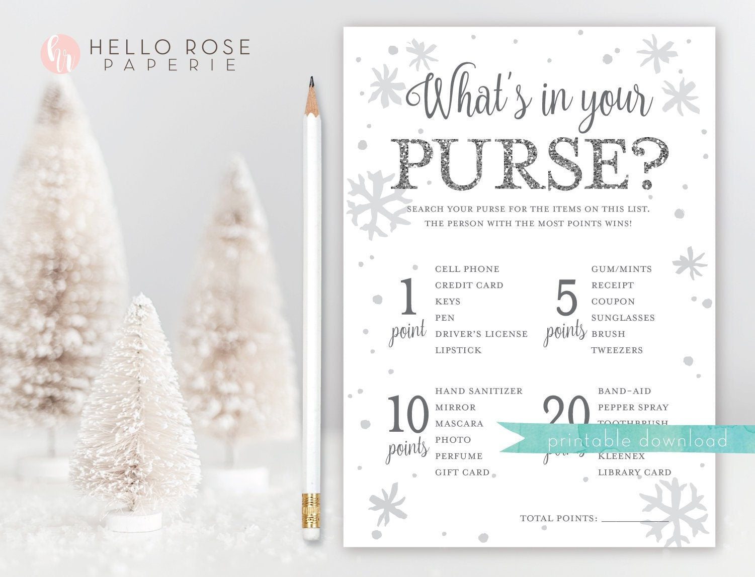 Whats in your Purse Printable Baby Shower Game . Winter Girl Boy Twins . Baby its Cold Outside White and Silver Glitter . Printable Download