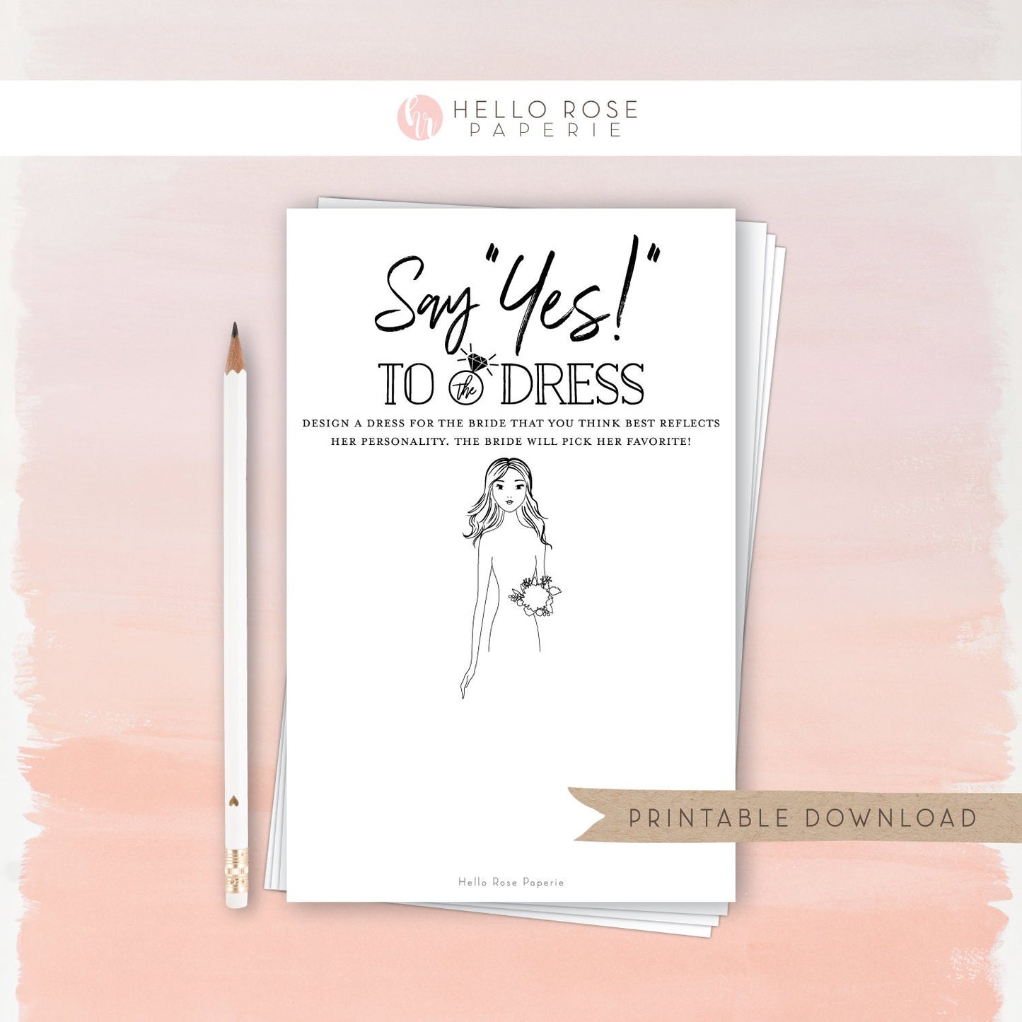 Say Yes to the Dress Printable Bridal Shower Game . Draw the Wedding Dress . Kraft + Black and White . Instant Digital Download