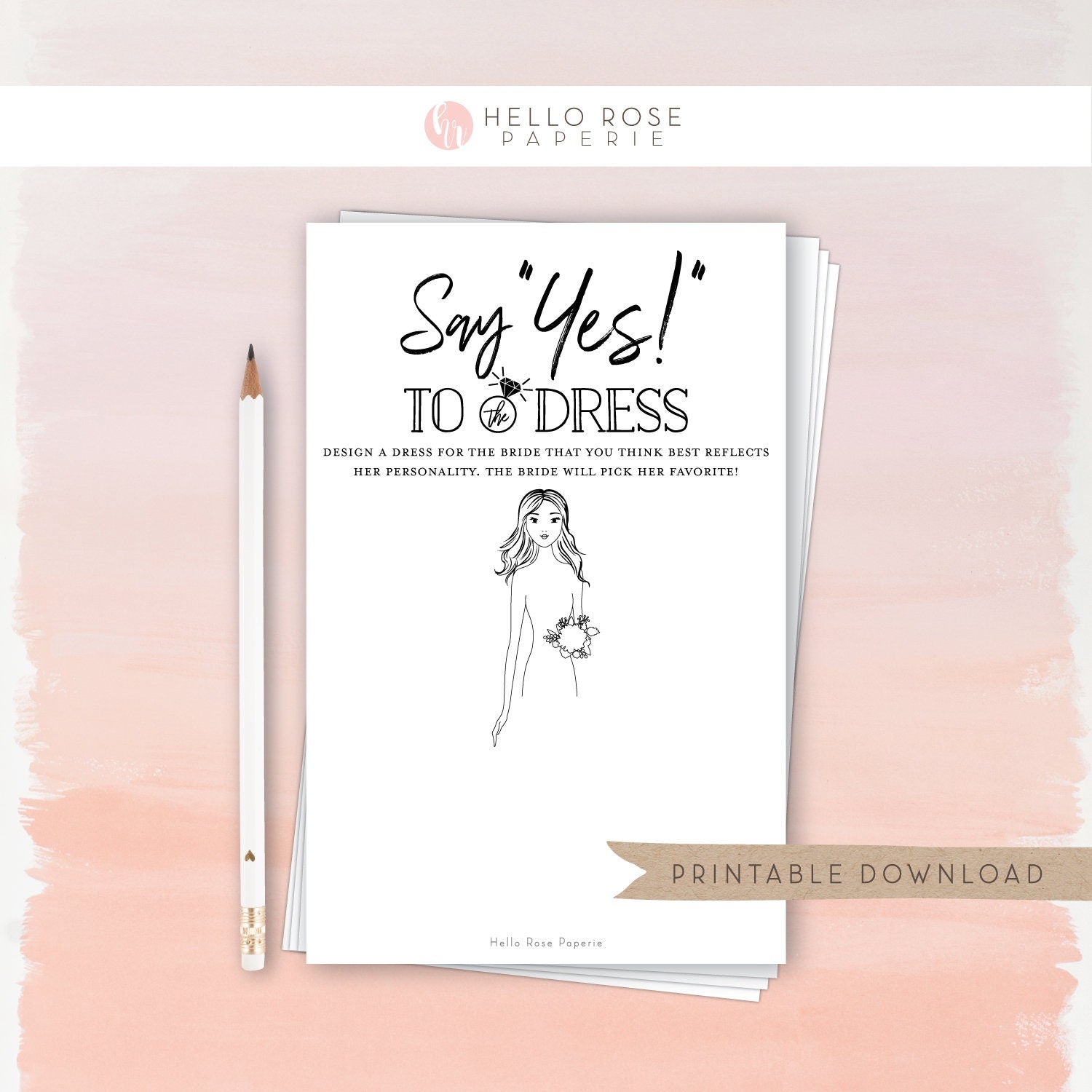 Say Yes to the Dress Printable Bridal Shower Game . Draw the Wedding Dress . Kraft + Black and White . Instant Digital Download