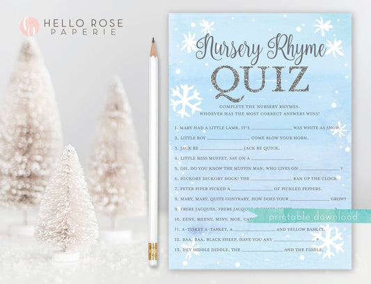 Nursery Rhyme Quiz Baby Shower Trivia Game . Baby It's Cold Outside Boy . Blue and Silver . Winter Snowflakes . Printable Instant Download