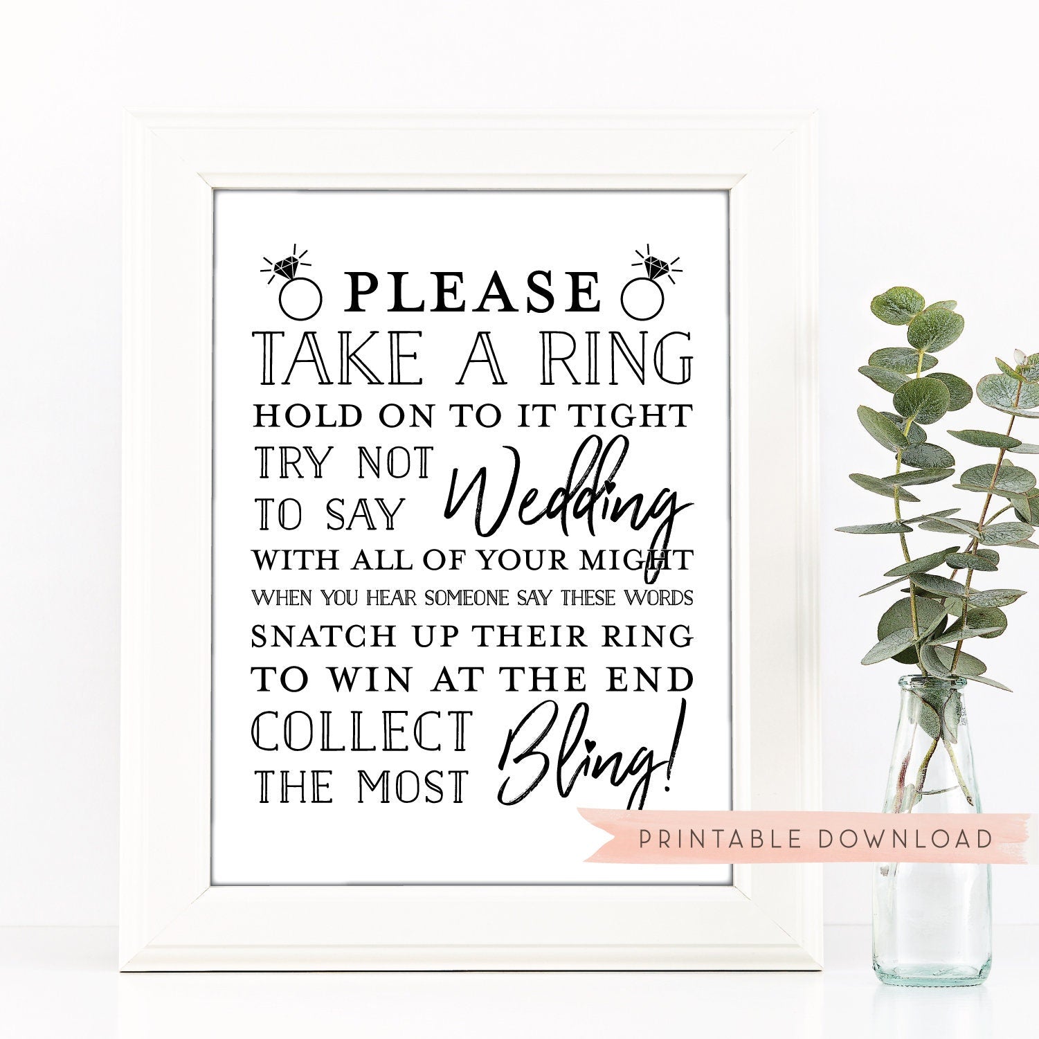 Don't Say Wedding Game Sign . Bridal Shower Ring Game . Kraft and White . Wedding Shower . Bachelorette Hens Party . Printable Download