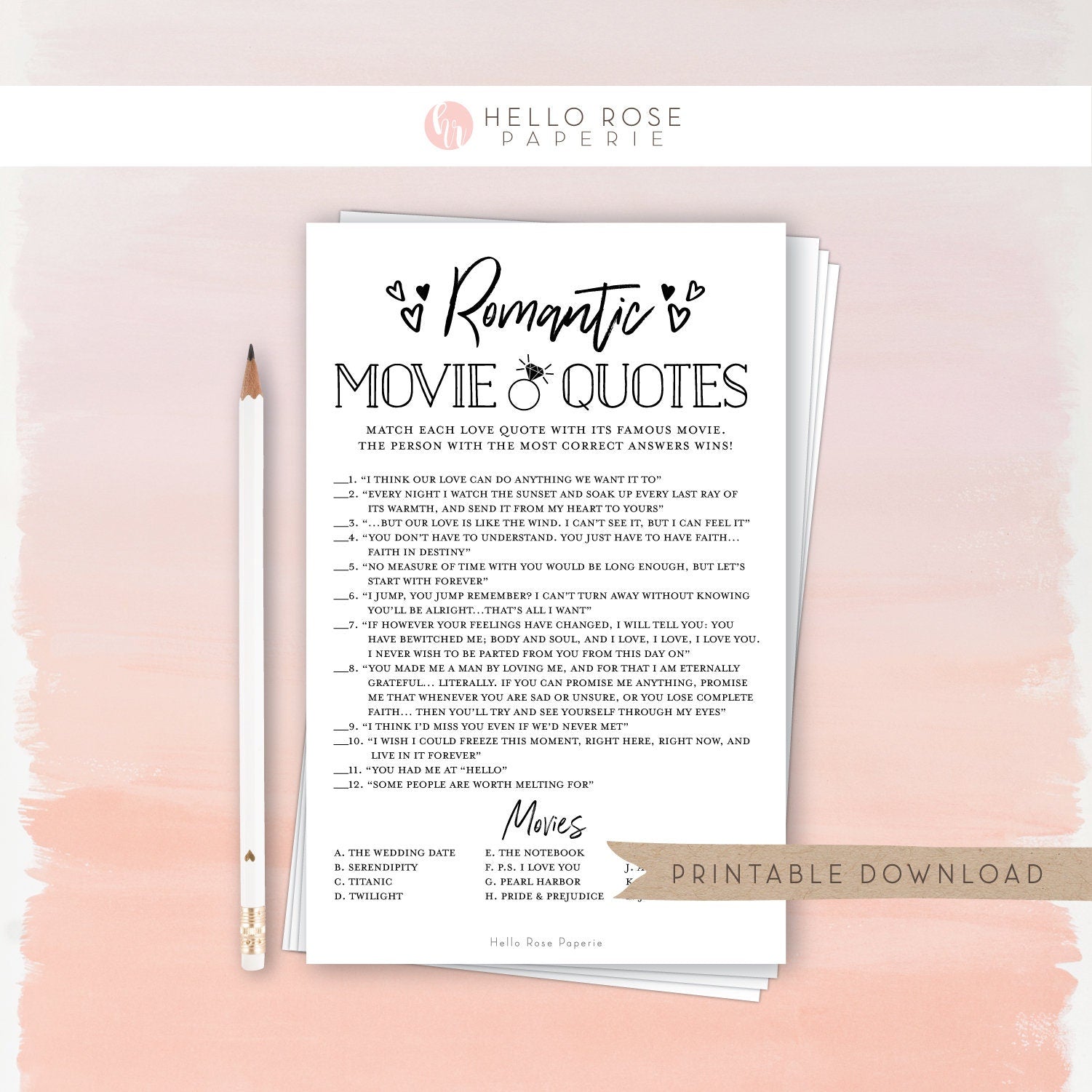 Romantic Movie Love Quotes Printable Game . Bridal Shower Wedding Bachelorette . Kraft + Minimalist Black + White . Digital Instant Download