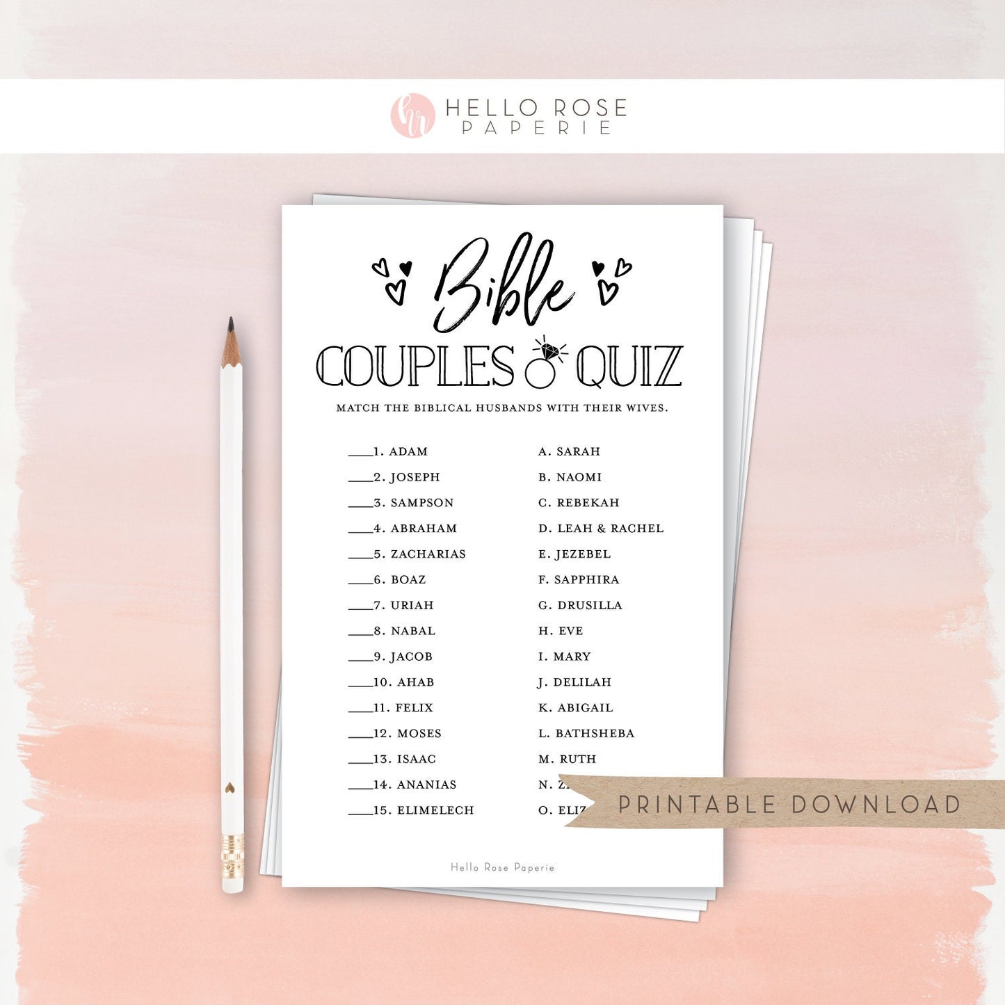 Bible Couples Matching Quiz . Bridal Shower Printable Game . Christian Biblical Religious . Kraft + Black & White . Instant Digital Download