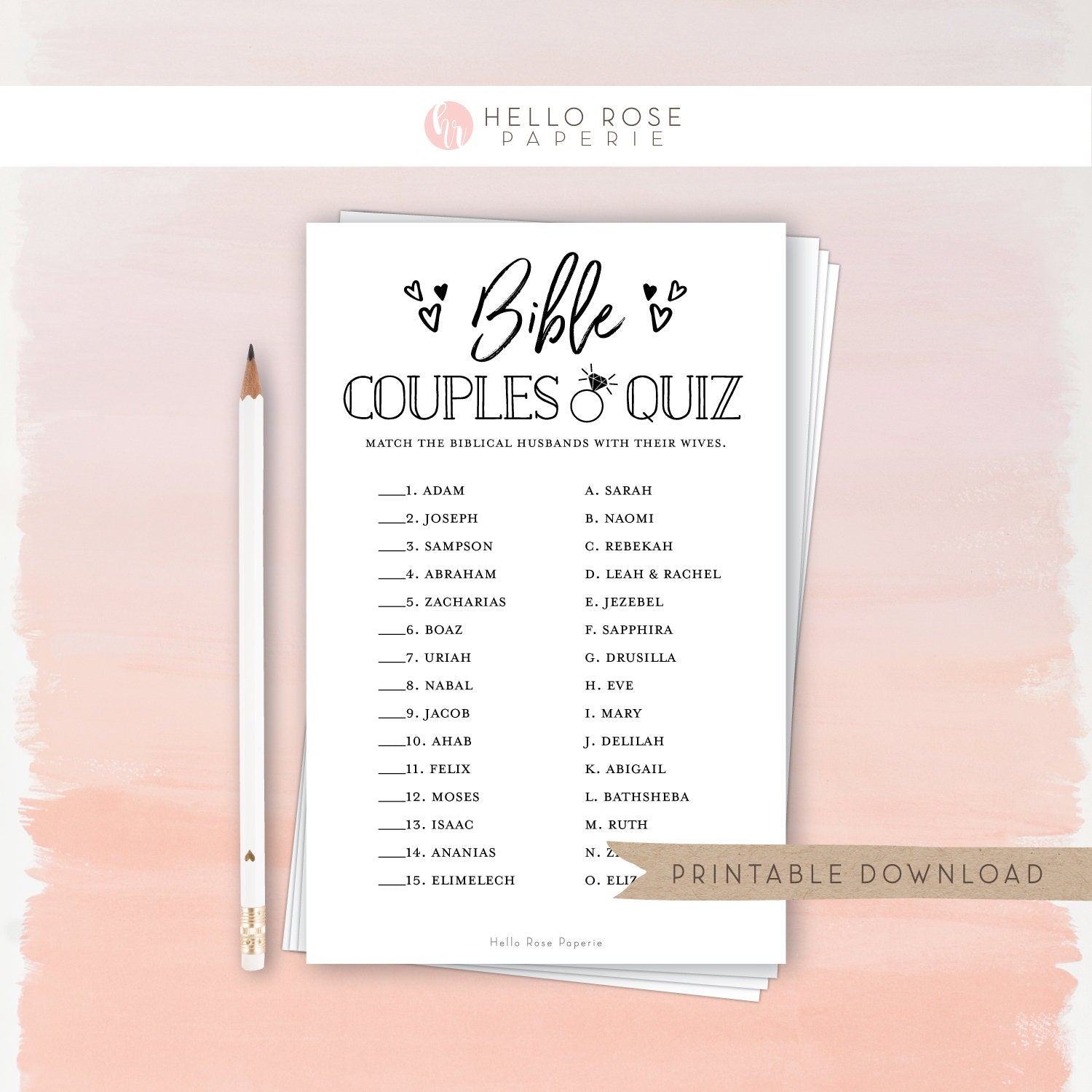 Bible Couples Matching Quiz . Bridal Shower Printable Game . Christian Biblical Religious . Kraft + Black & White . Instant Digital Download