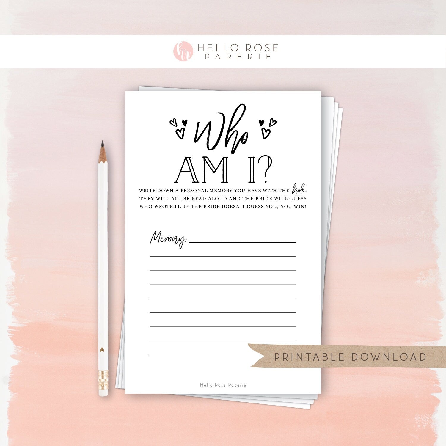 Who Am I Bridal Shower Game Printable . Favorite Memories of Bride . Hens Bachelorette . Kraft + Minimalist Black & White . Instant Download