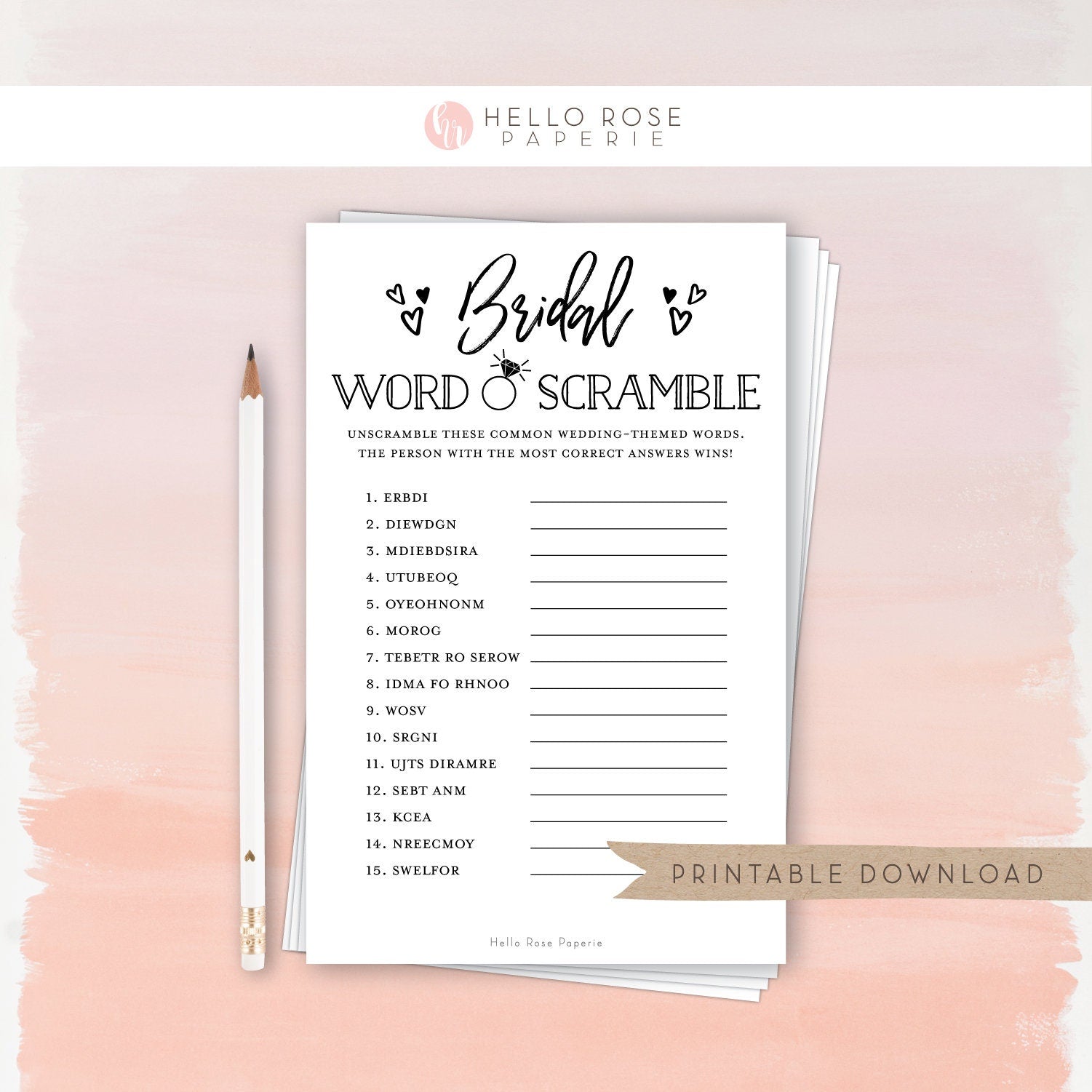 Bridal Shower Word Scramble Game . Printable Wedding Bridal Shower Hens . Kraft + Minimalist Black White . Instant Digital Download