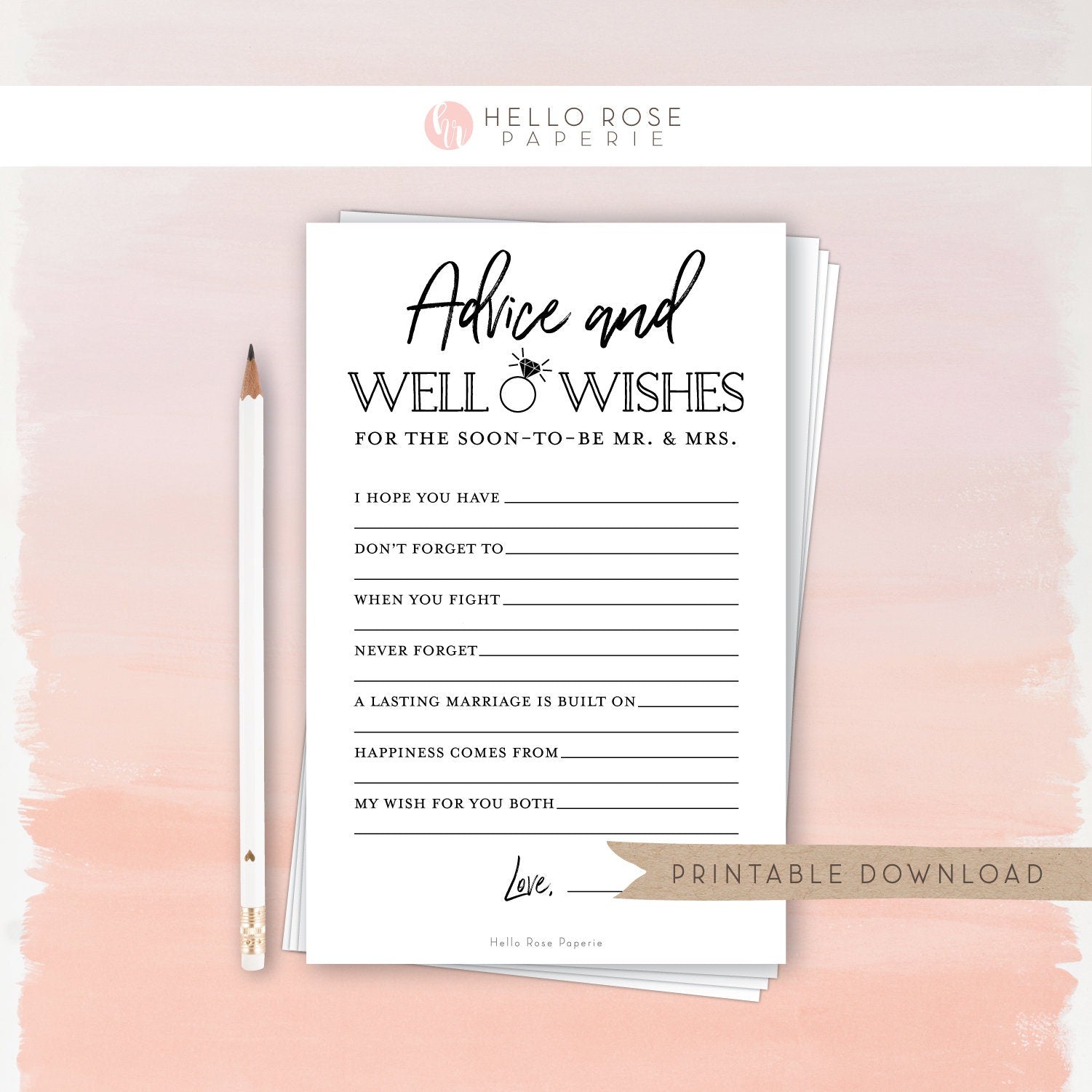 Advice and Well Wishes Card for the Mr and Mrs . Bridal Wedding Couples Shower . Kraft + Minimalist Black White . Printable Instant Download