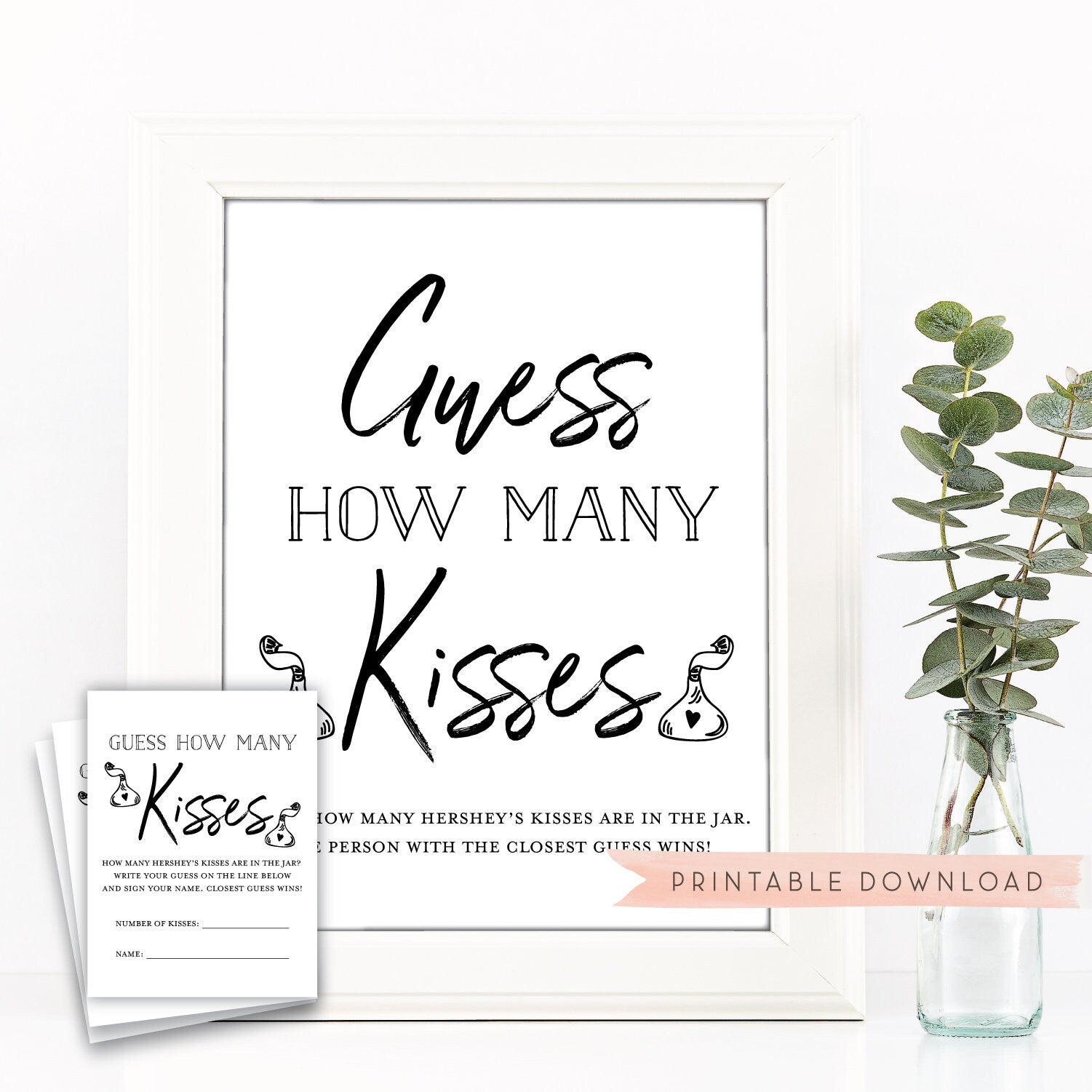 Guess How Many Kisses Game Sign + Cards . Bridal Shower . Bachelorette Party . Wedding Shower . Hens Party . Baby Shower . Kisses for Mrs.
