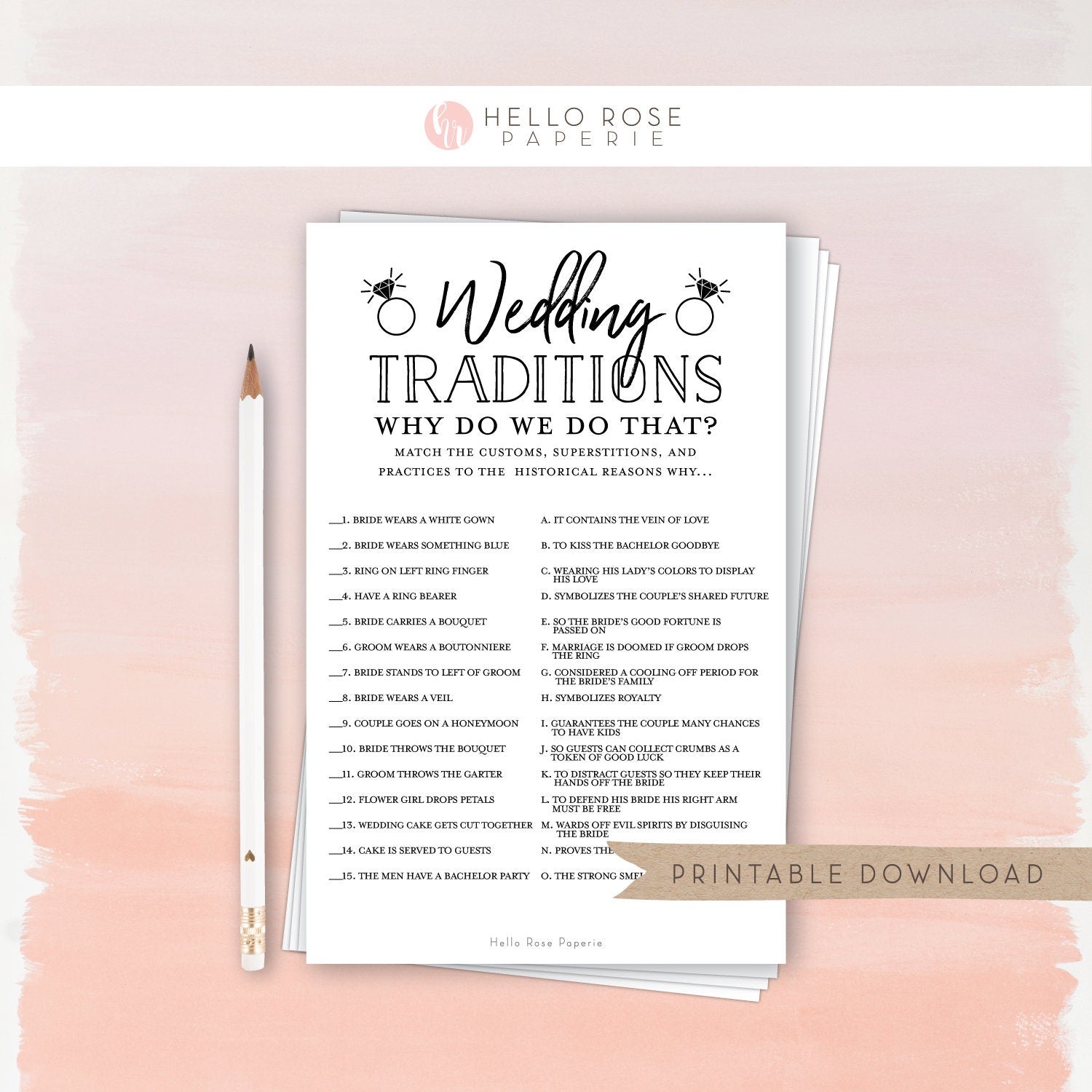 Wedding Traditions Bridal Shower Guessing Game . Wedding Hens Party . Kraft + Minimalist Black White . Printable Instant Digital Download