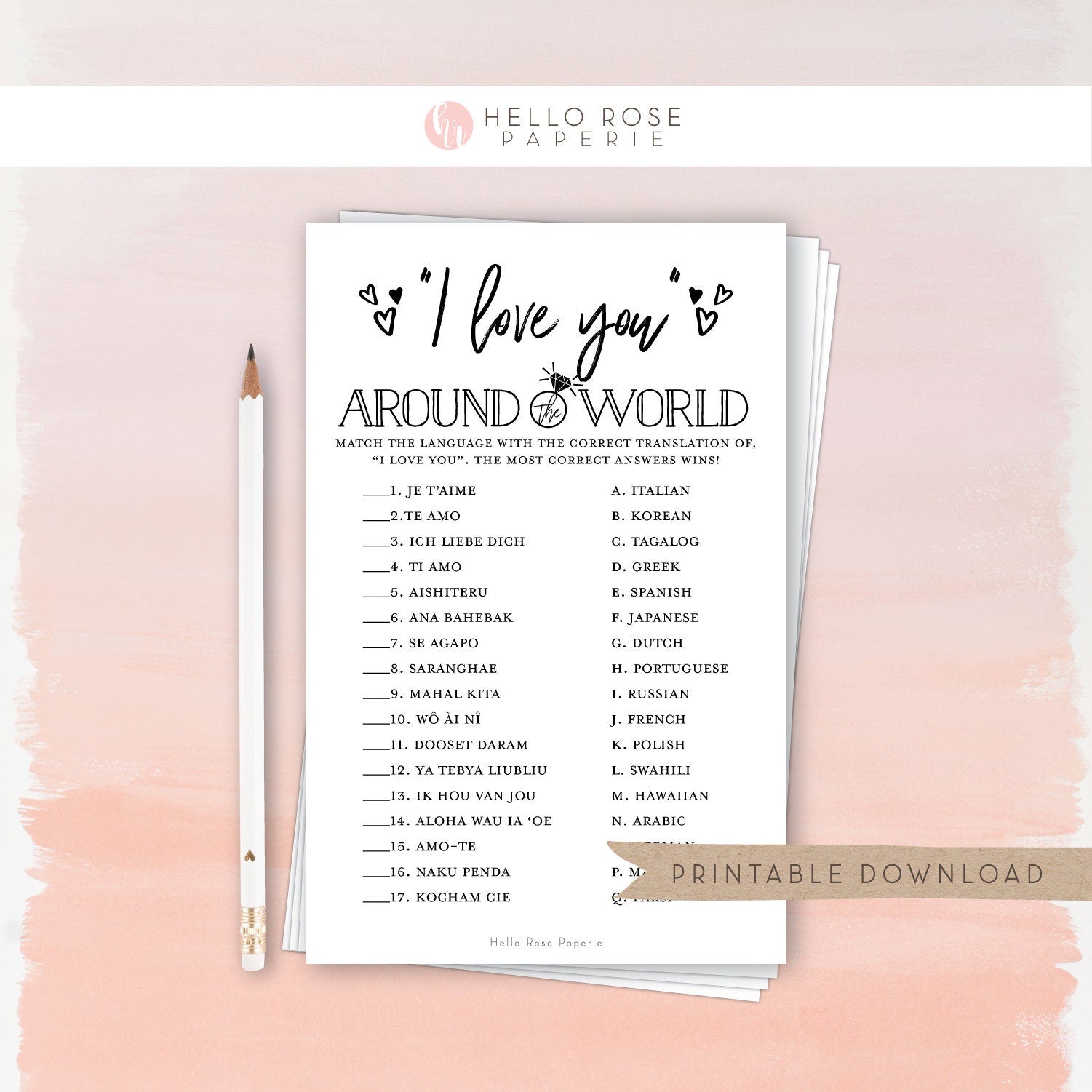 I Love You Around the World Printable Game . Bridal Wedding Shower . Bachelorette Hens . Kraft Minimalist Black White . Instant Download K3