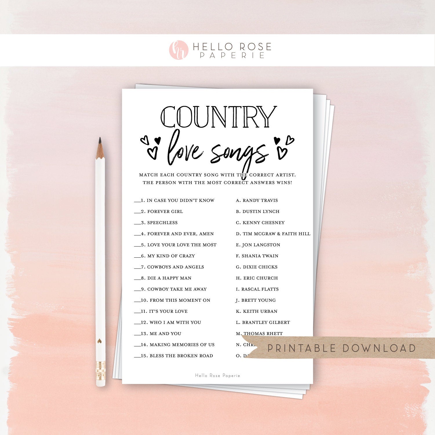 Country Love Songs Trivia Printable Game . Bridal Wedding Couples Shower . Kraft + Minimalist Black and White . Instant Digital Download