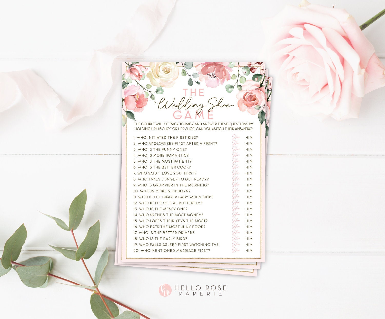 The Wedding Shoe Game Printable . Bridal Wedding Shower . Engagement Party . Rustic Pink Roses and Greenery Eucalyptus . Instant Download