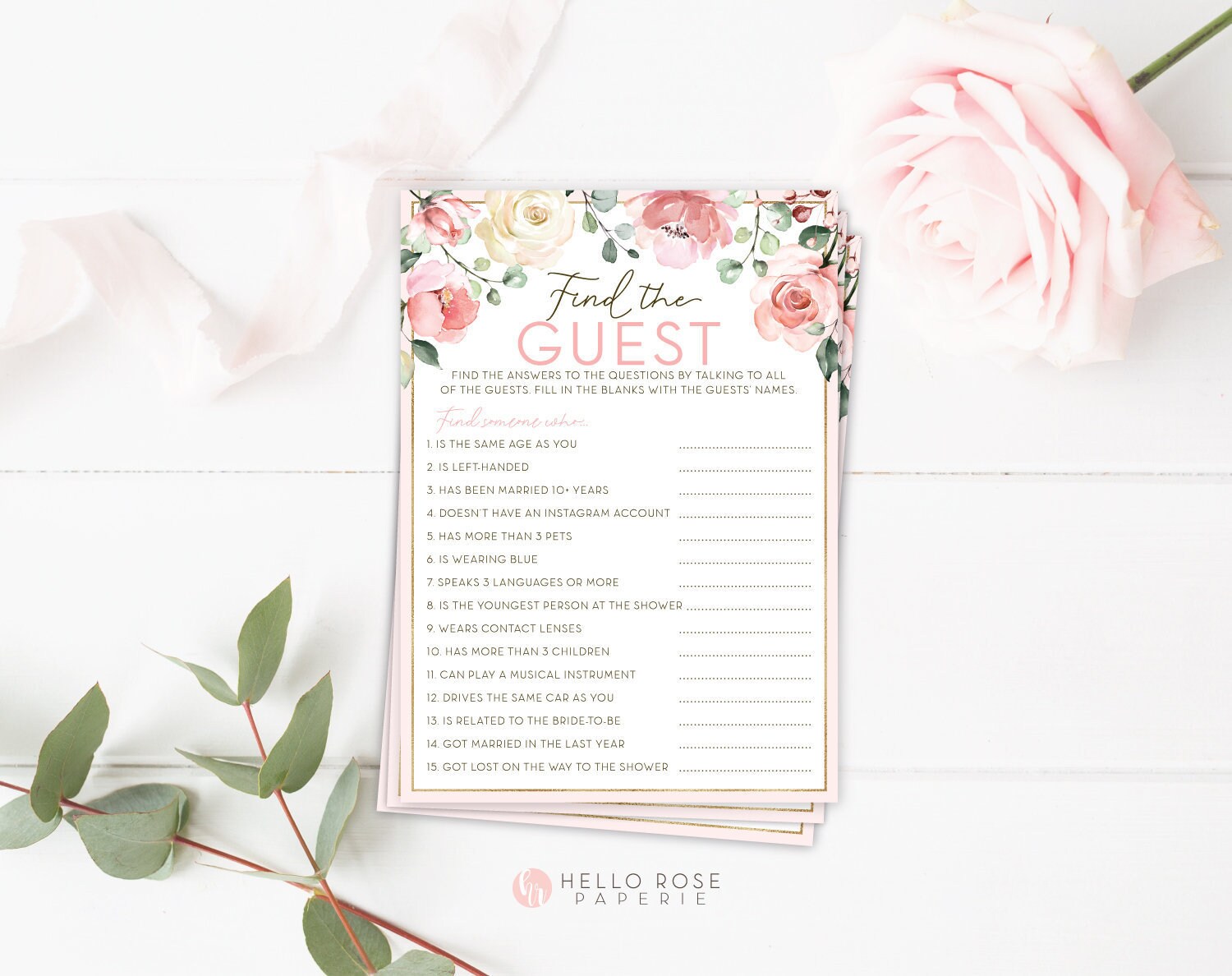 Find the Guest Floral Bridal Shower Game . Printable Icebreaker Game . Hens Party . Rustic Pink Roses Eucalyptus . Instant Download