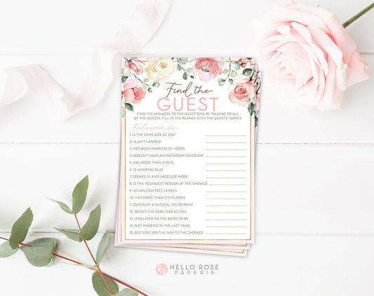 Find the Guest Floral Bridal Shower Game . Printable Icebreaker Game . Hens Party . Rustic Pink Roses Eucalyptus . Instant Download