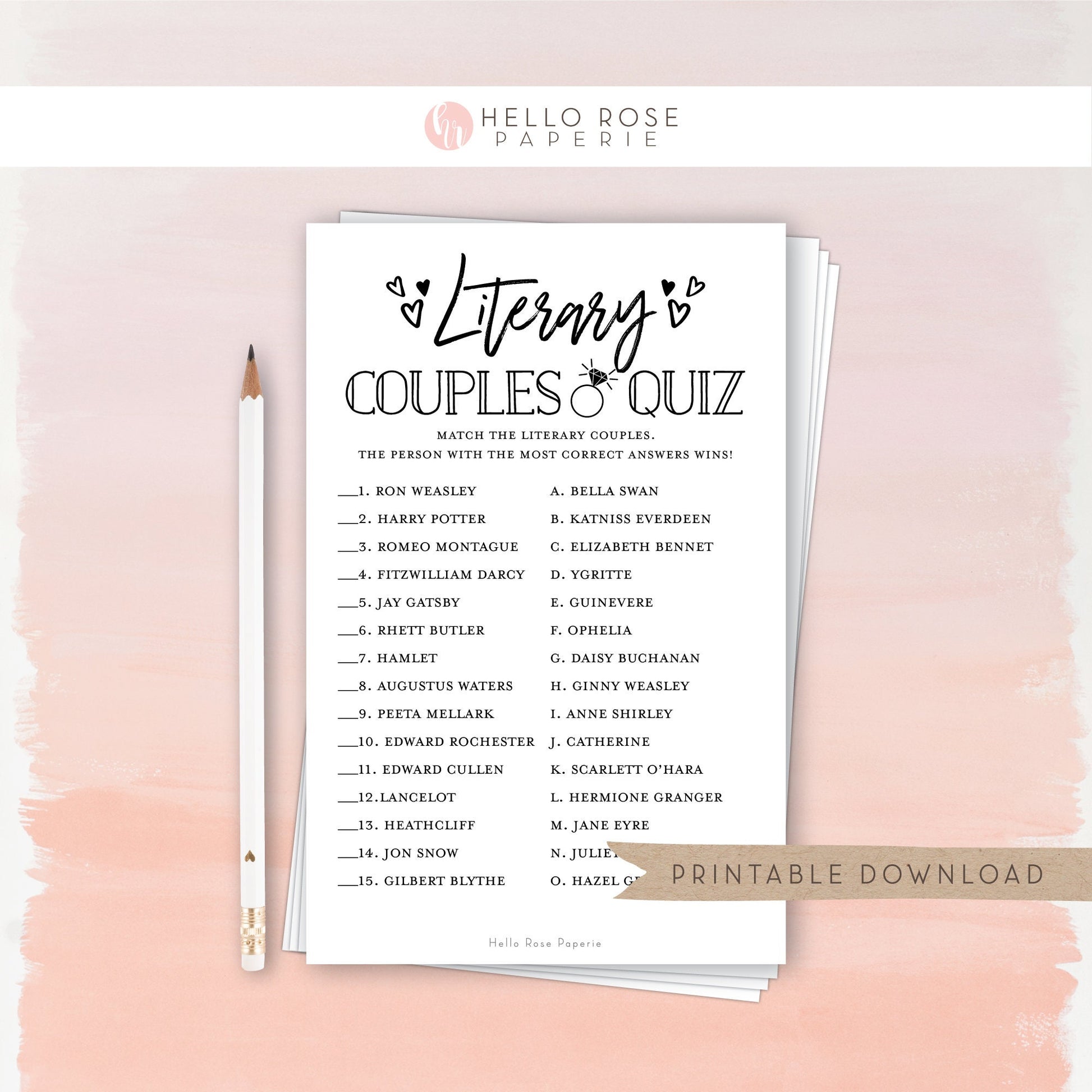 Literary Couples Quiz Trivia Game . Bridal Shower Wedding Printable . Rustic Kraft + Minimalist Black and White . Instant Digital Download