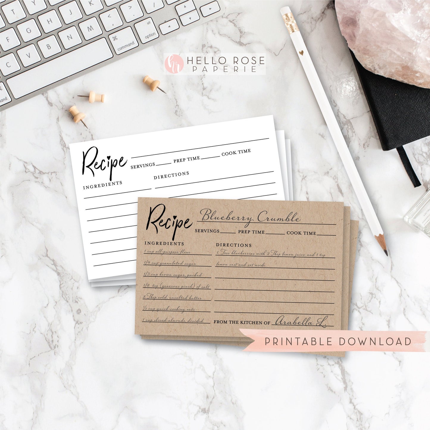 Recipe Card Sign PLUS Recipe Cards. Printable Rustic Wedding Bridal Shower Party . Kraft plus Black and White . Instant Download 8x10