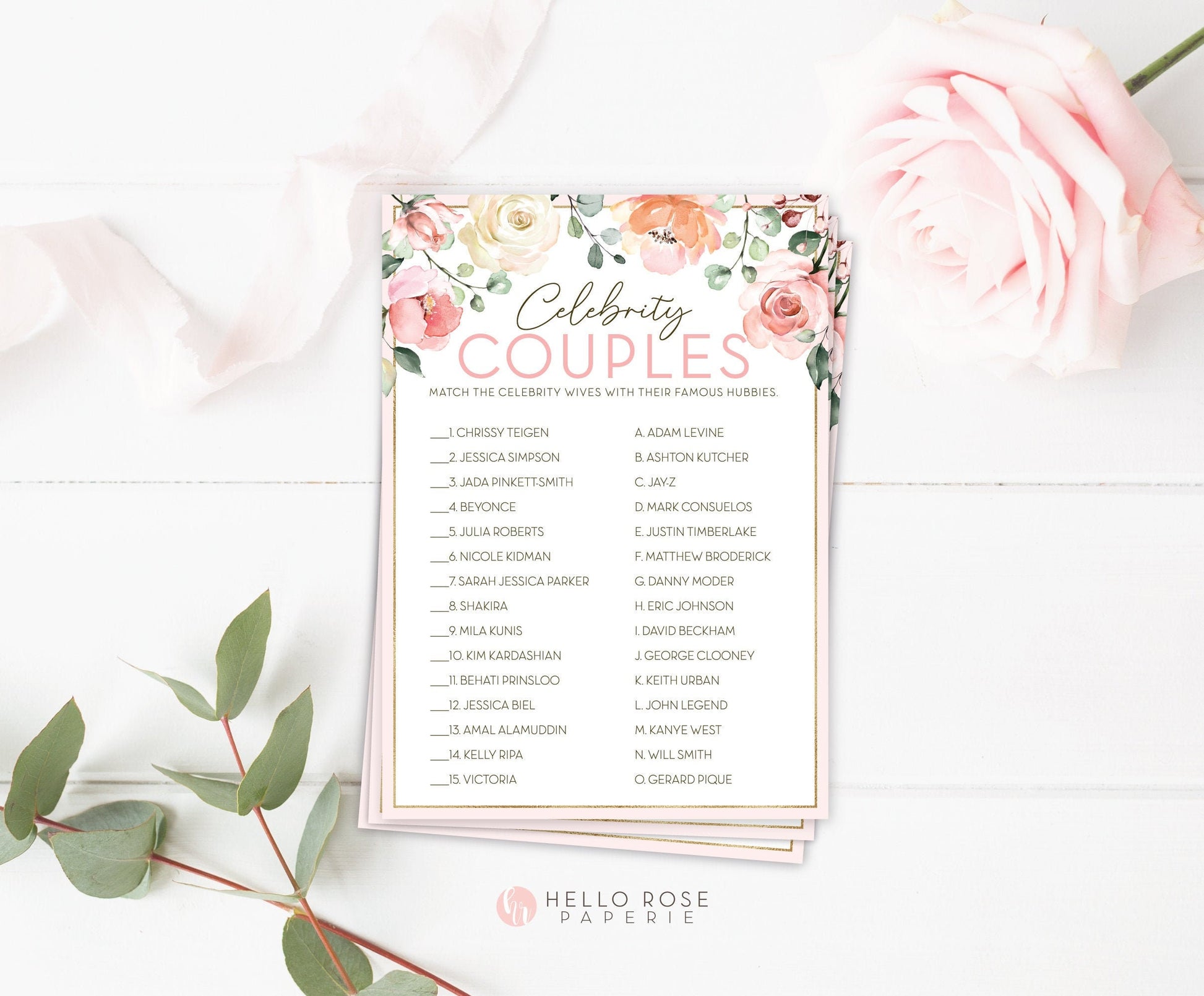 Celebrity Couples Quiz Floral Bridal Shower Printable Game . Bachelorette Hens Party Blush Pink Rose Eucalyptus Greenery . Instant Download
