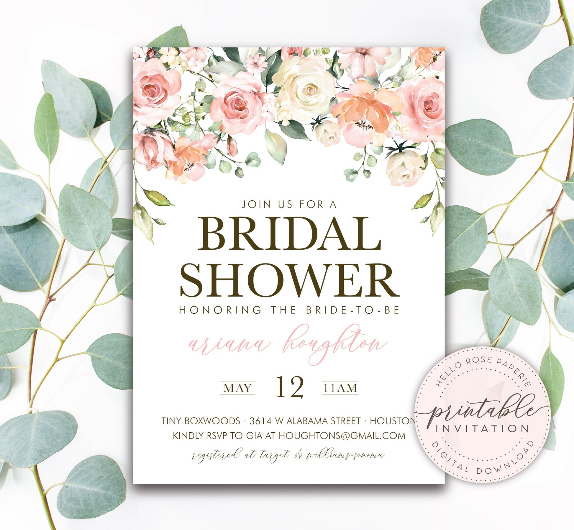 Welcome to the Bridal Shower Personalized Sign Floral . Wedding Shower . Pink White Roses Greenery Eucalyptus . Printable Digital Download