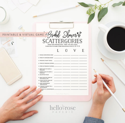 Bridal Shower Scattergories Printable Game . Kraft + Minimalist Black White . Wedding Bachelorette Couples . Instant Digital Download K3