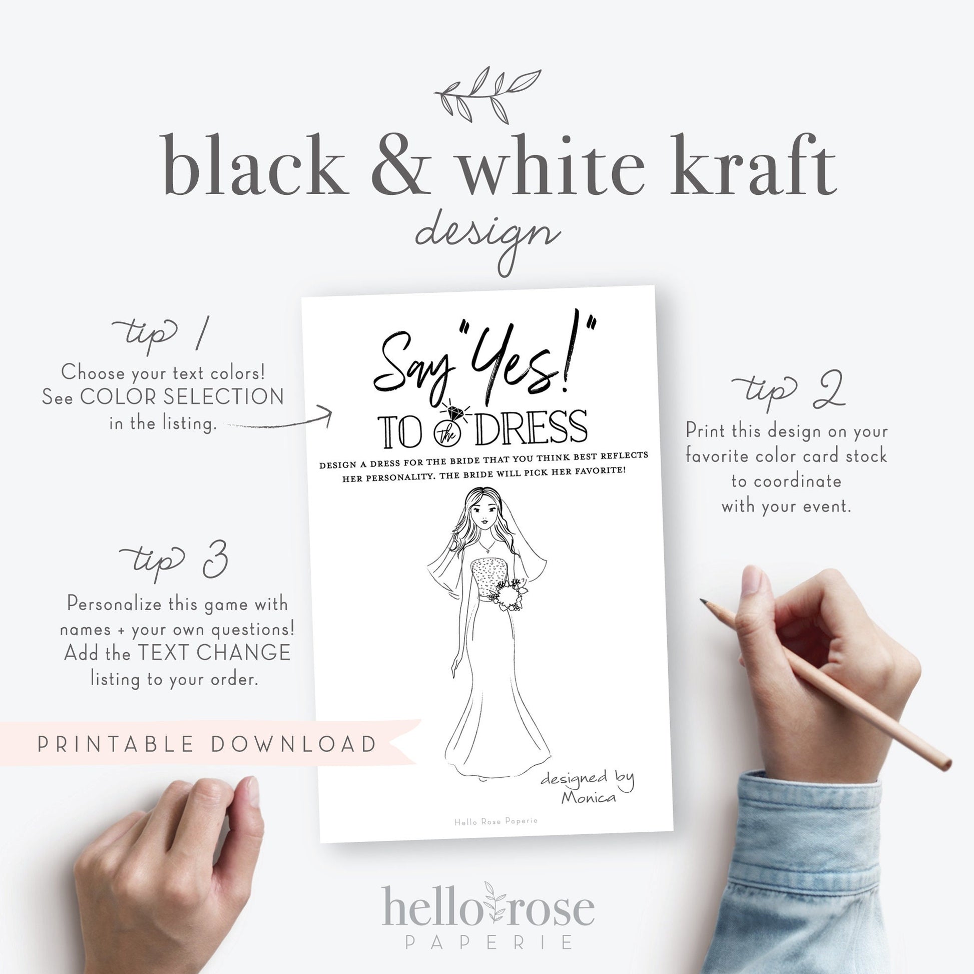 Say Yes to the Dress Printable Bridal Shower Game . Draw the Wedding Dress . Kraft + Black and White . Instant Digital Download