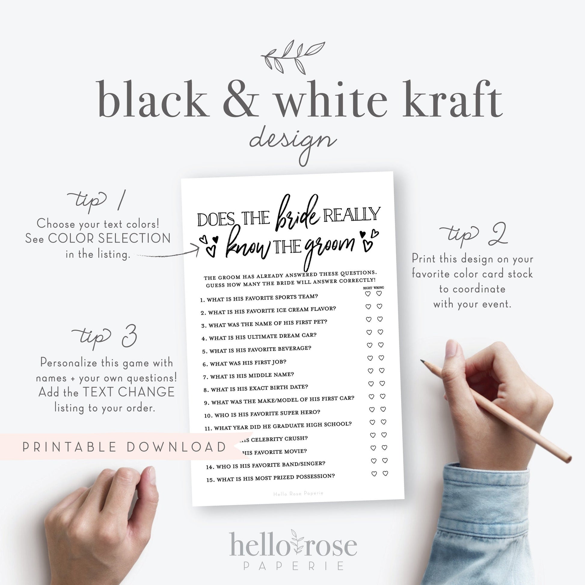 Does the Bride Really Know the Groom Printable Game . Bridal Shower Bachelorette Hens . Kraft + Minimalist Black & White . Instant Download