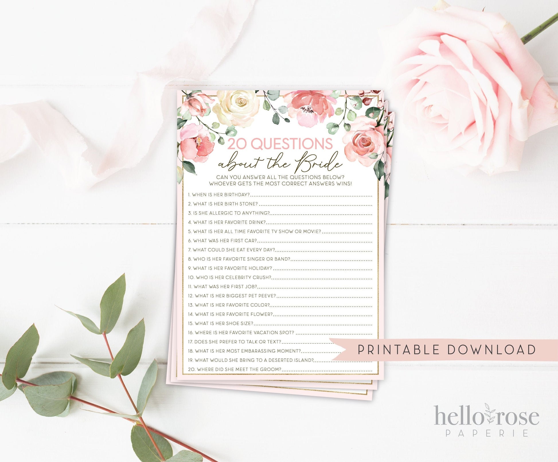 20 Questions About the Bride Printable . Bridal Shower Bachelorette Party Game . Rustic Pink Roses Greenery Eucalyptus . Instant Download