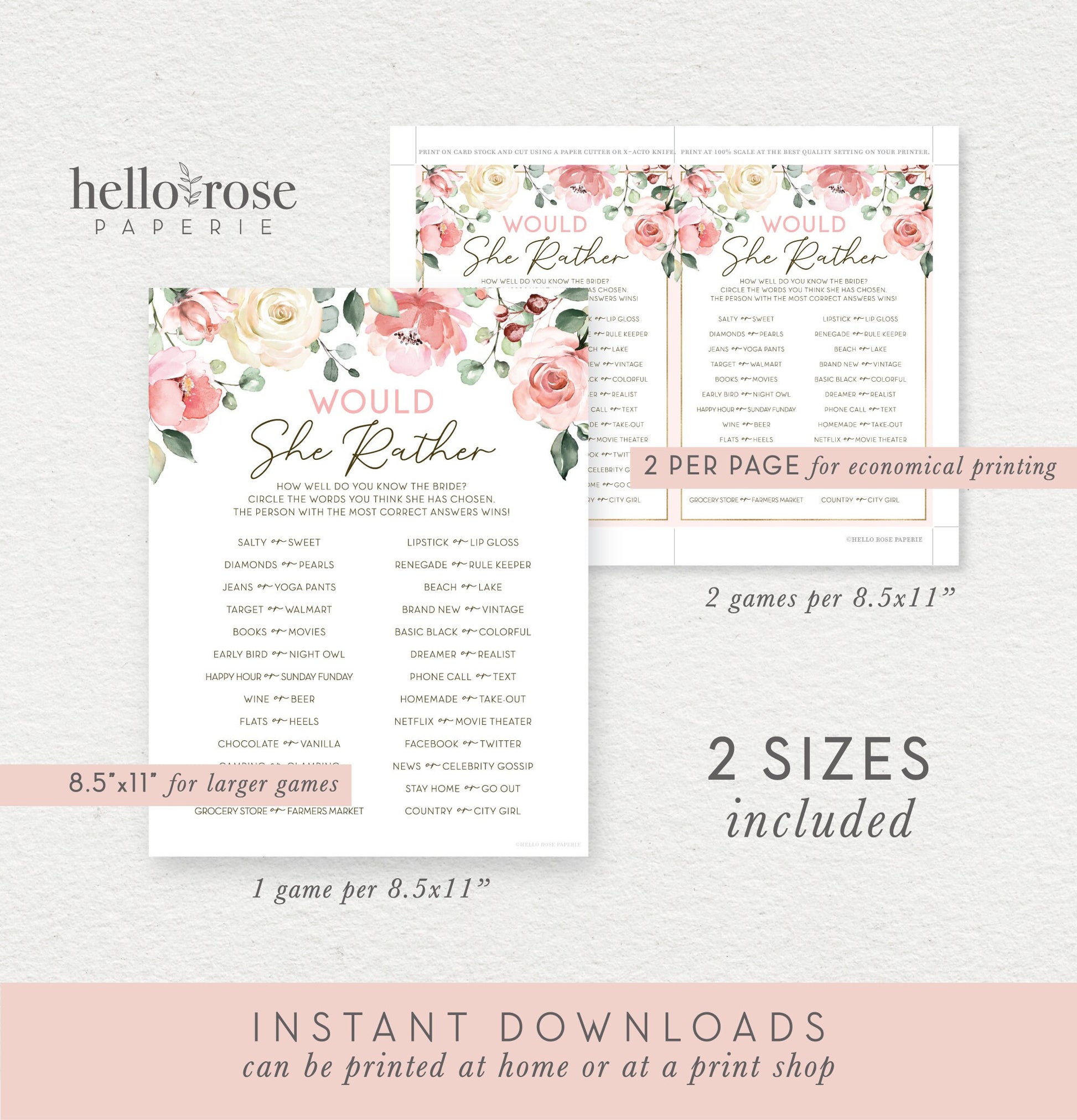 Would She Rather Printable Bridal Shower Game . Bachelorette Hens Party . Blush Pink Roses Greenery Eucalyptus . Instant Download