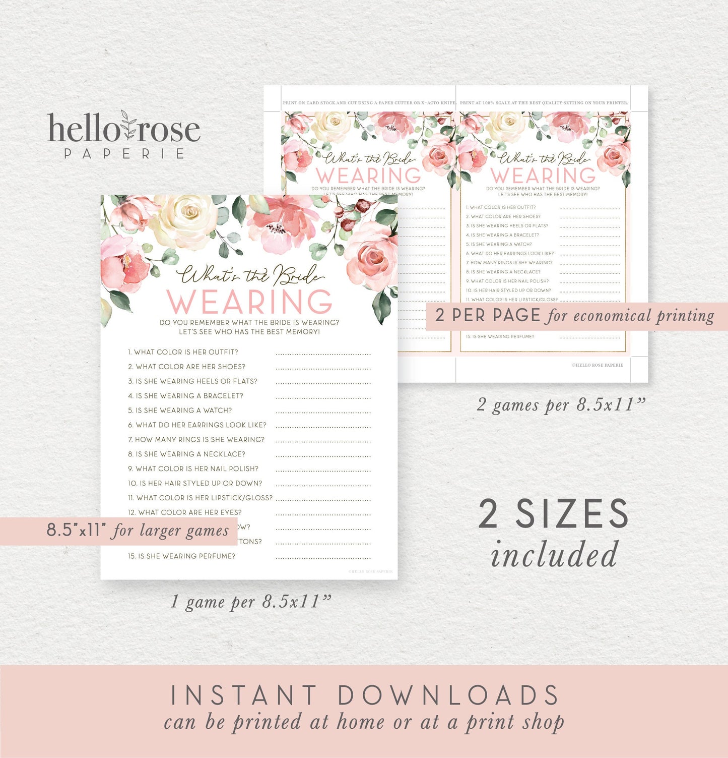 What is the Bride Wearing Floral Bridal Shower Printable Game . Bachelorette Hens Party . Pink Roses Eucalyptus Greenery . Instant Download