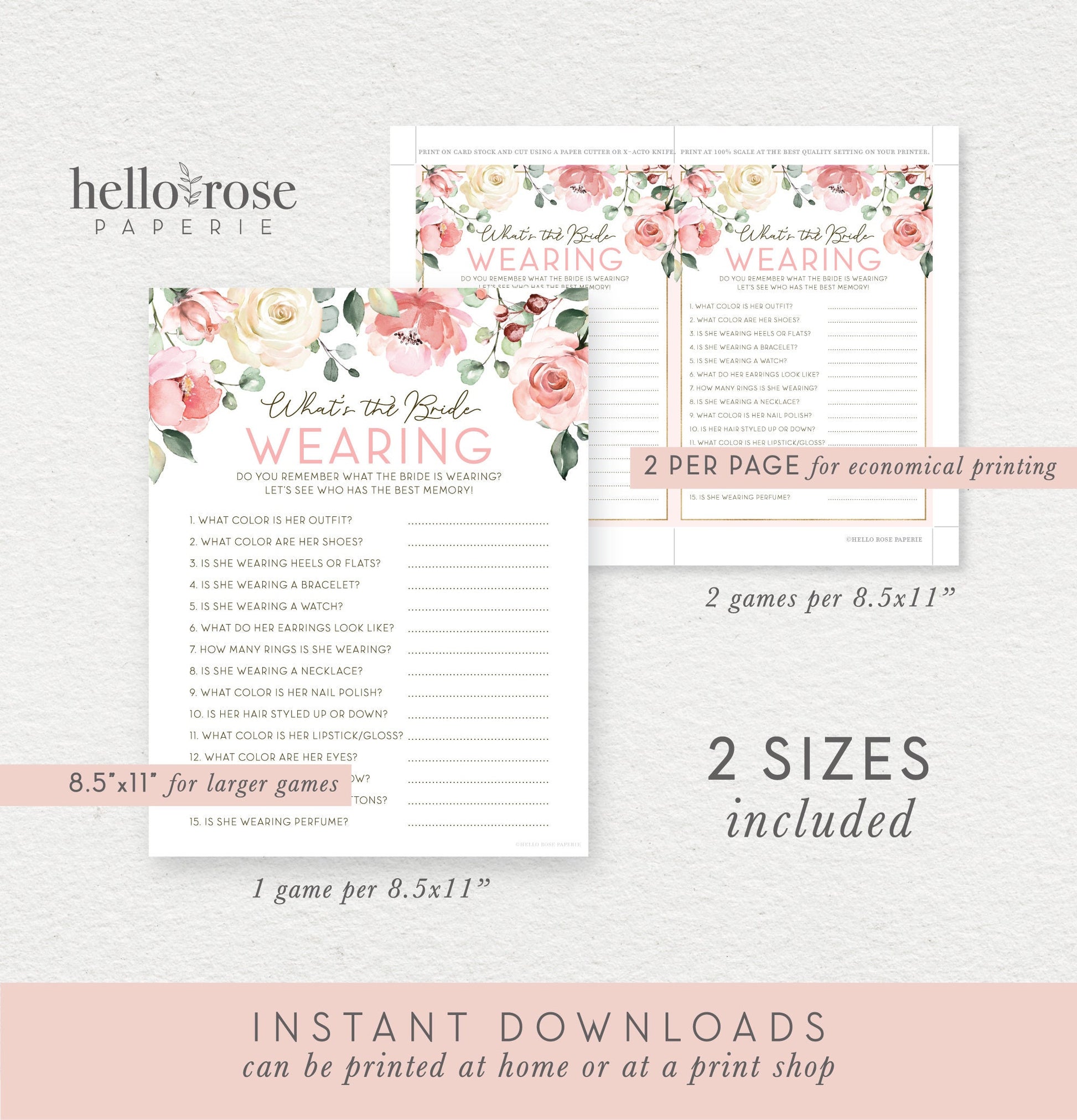 What is the Bride Wearing Floral Bridal Shower Printable Game . Bachelorette Hens Party . Pink Roses Eucalyptus Greenery . Instant Download