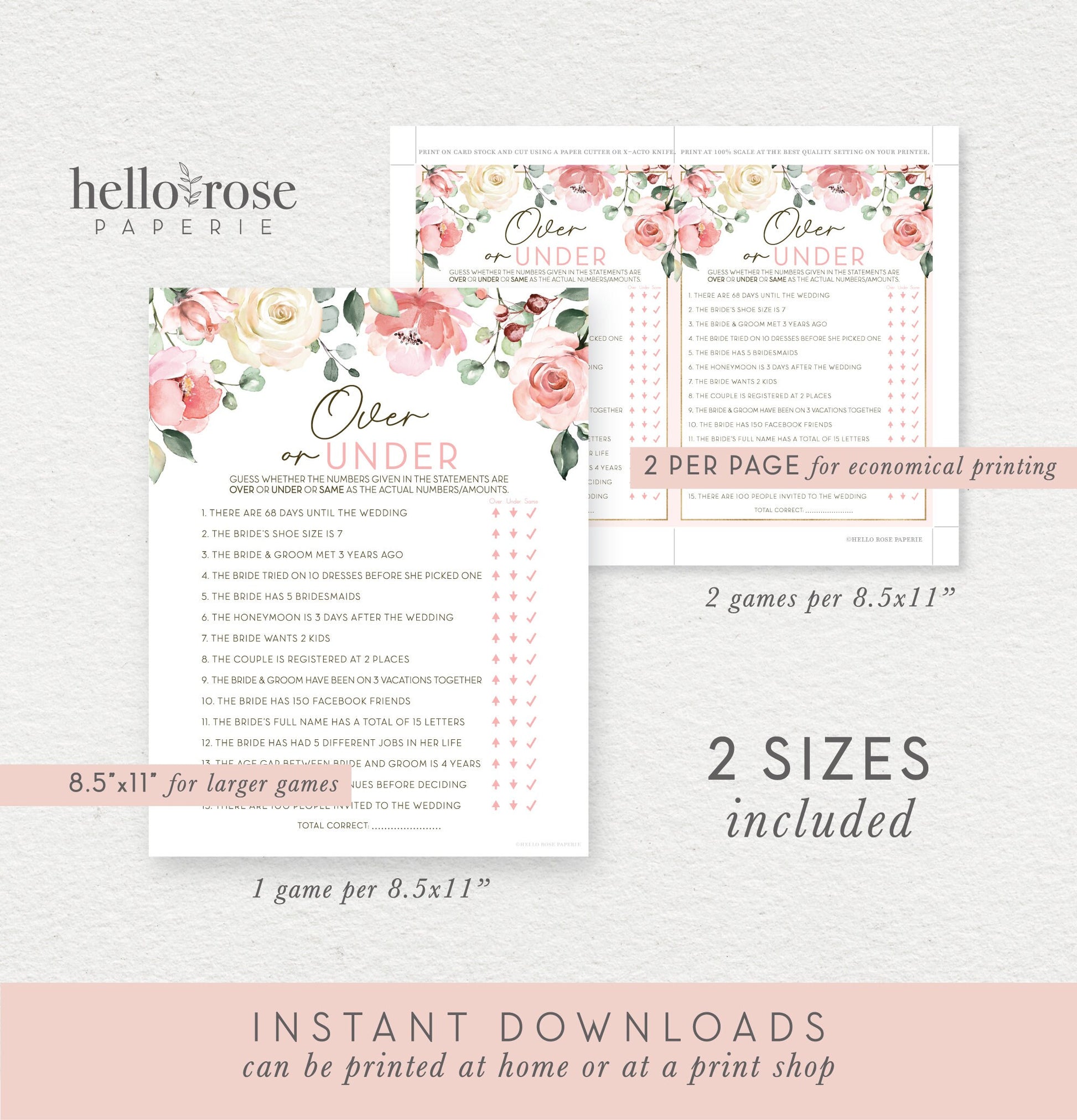 Over or Under Floral Bridal Shower Game . Printable Bachelorette Hens Party Game . Blush Pink Roses Eucalyptus Greenery . Instant Download