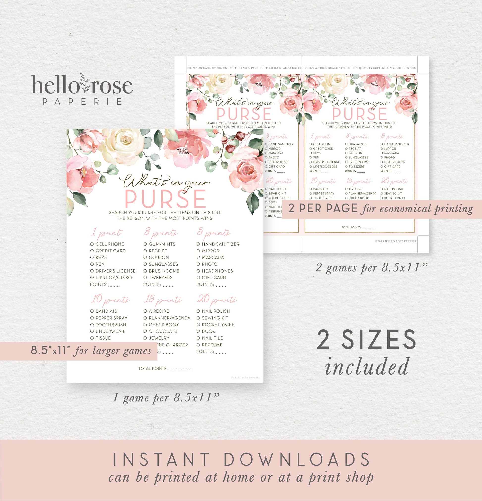 Whats in Your Purse Floral Bridal Shower Printable Game . Bachelorette Hens Party . Rustic Pink Roses Eucalyptus Greenery . Instant Download