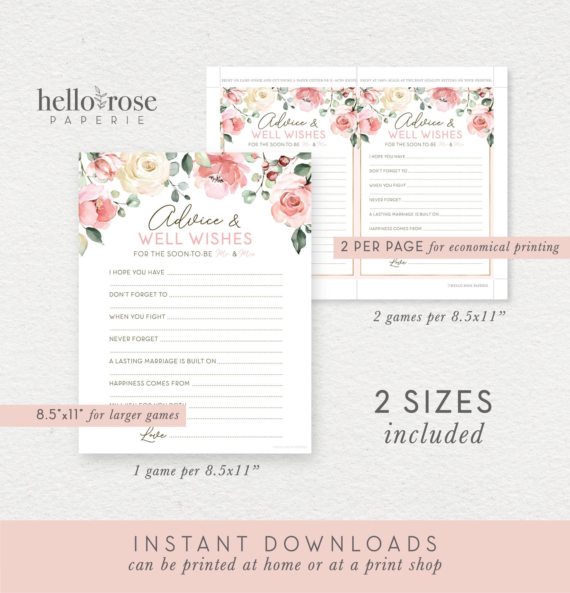 Advice and Well Wishes for the Soon to Be Mr and Mrs . Bridal Shower Printable Wedding Cards . Pink Roses Eucalyptus . Instant Download