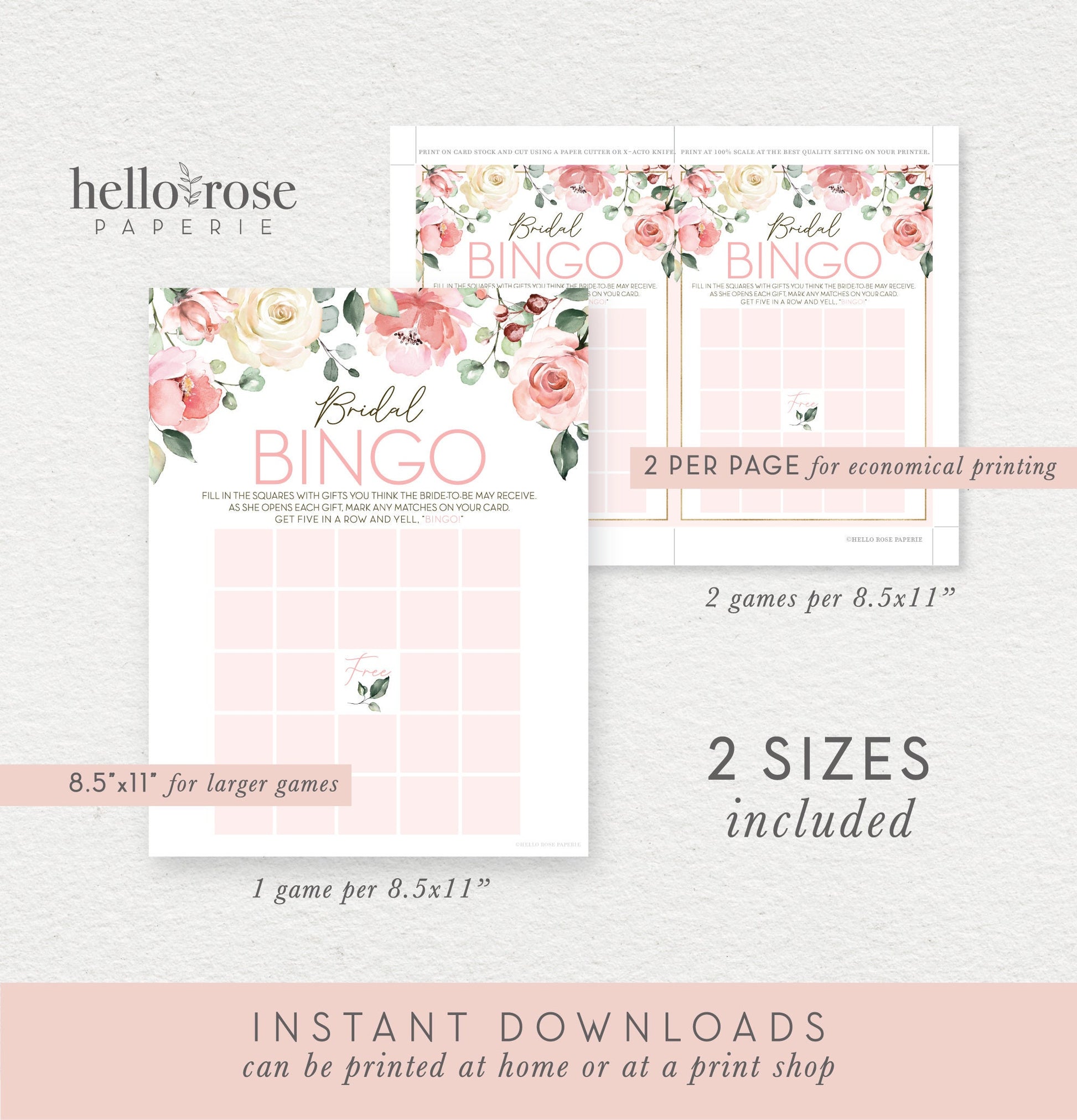Bridal Shower BINGO Game . Printable Gift Opening Game . Blush Pink Roses Eucalyptus Greenery . Instant Digital Download