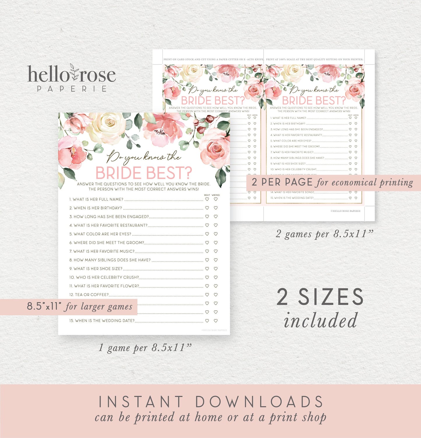 Do You Know the Bride Best . Printable Bridal Shower Game . Bachelorette Hen Party . Blush Pink Roses Greenery Eucalyptus . Instant Download