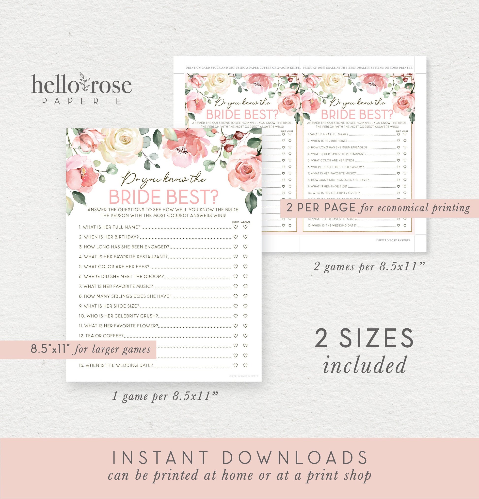 Do You Know the Bride Best . Printable Bridal Shower Game . Bachelorette Hen Party . Blush Pink Roses Greenery Eucalyptus . Instant Download