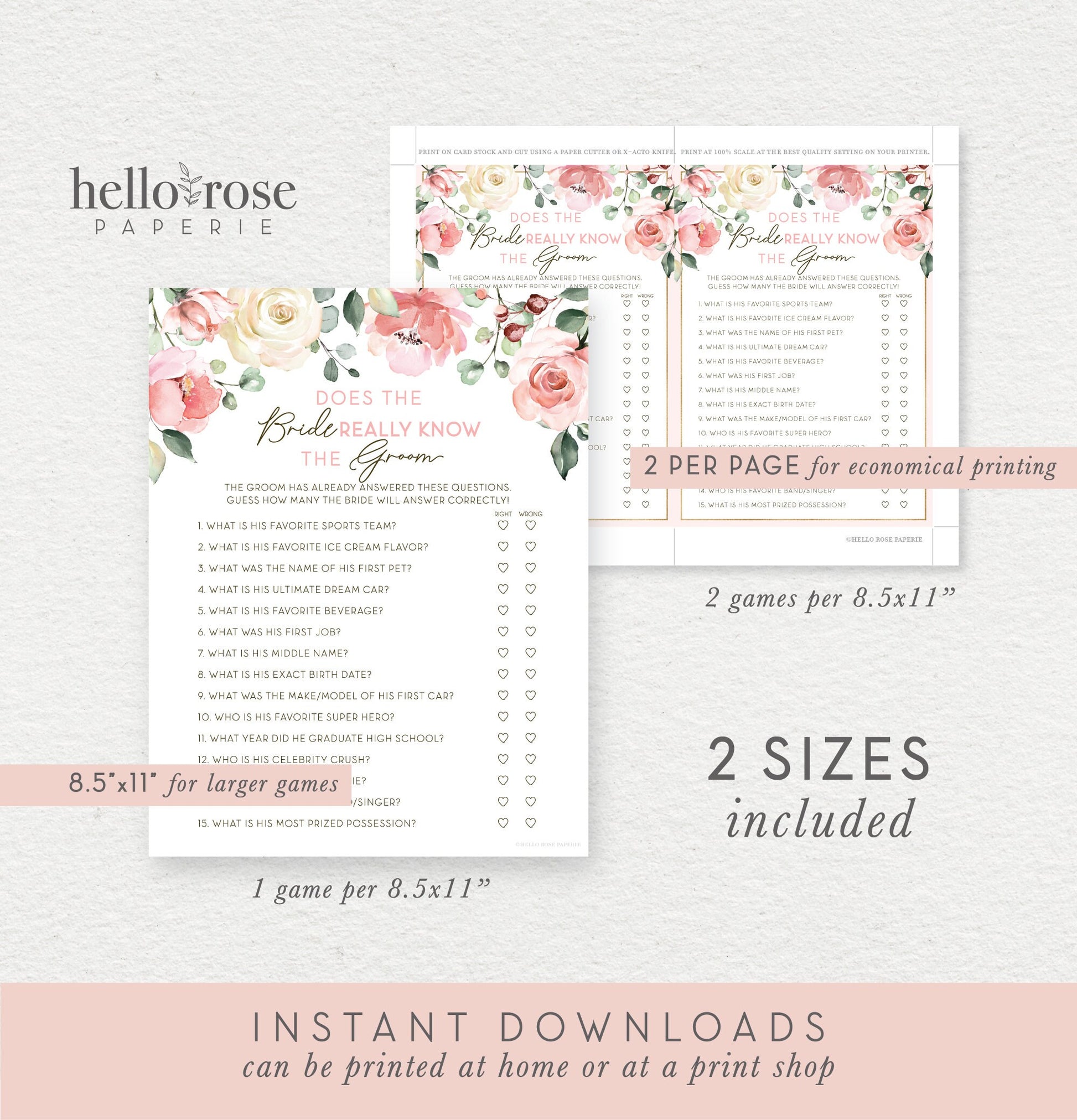 Does the Bride Really Know the Groom . Printable Bridal Shower Game . Bachelorette Hens Party . Blush Pink Roses Greenery . Instant Download