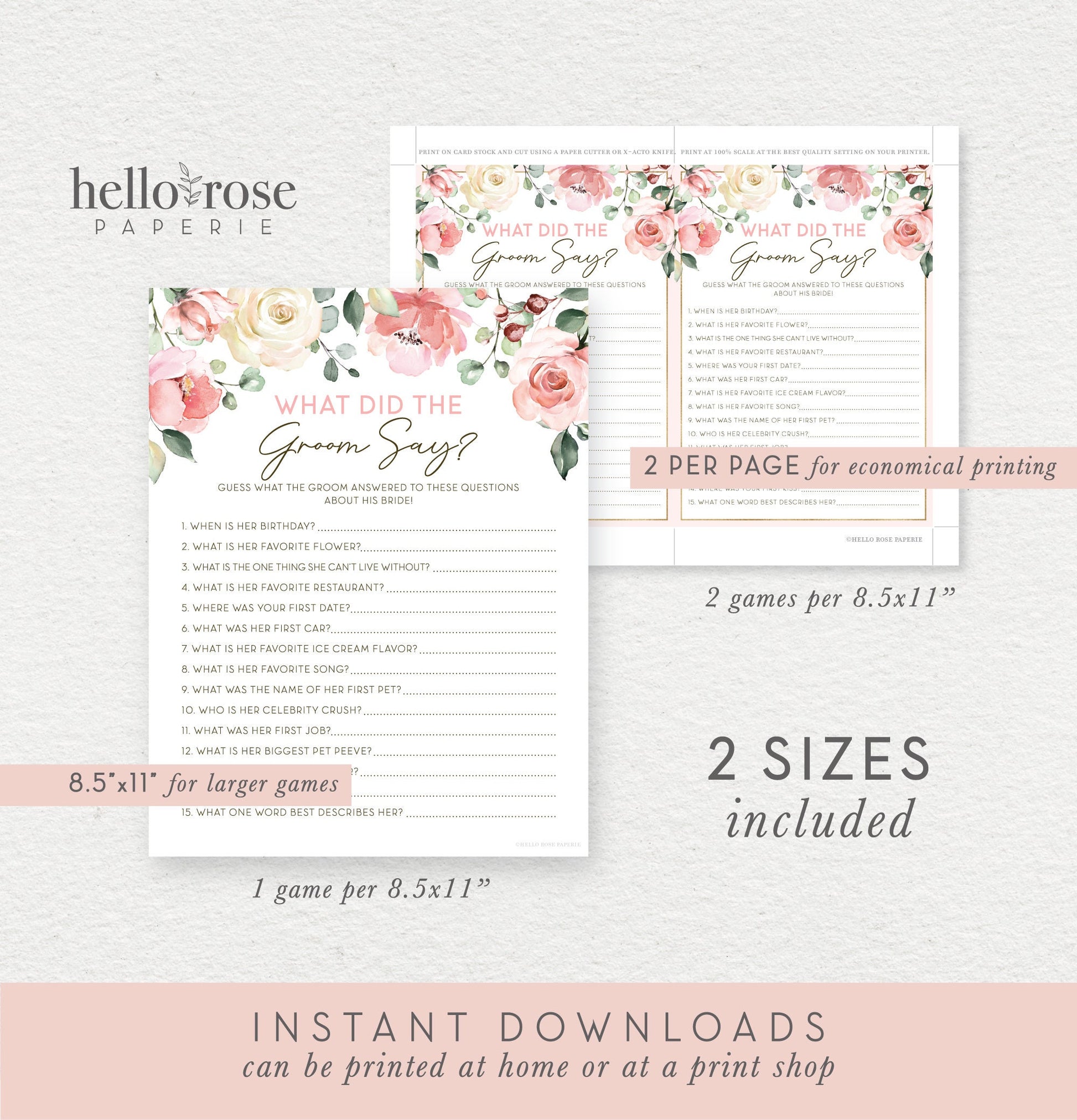 What Did the Groom Say Bridal Shower Game . Bachelorette Hens Party . Blush Pink Roses Floral Greenery . PRINTABLE Instant Download