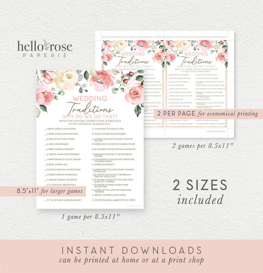 Wedding Traditions . Floral Bridal Shower Printable Game . Hen Bachelorette Party . Pink Roses Greenery Eucalyptus . Instant Download
