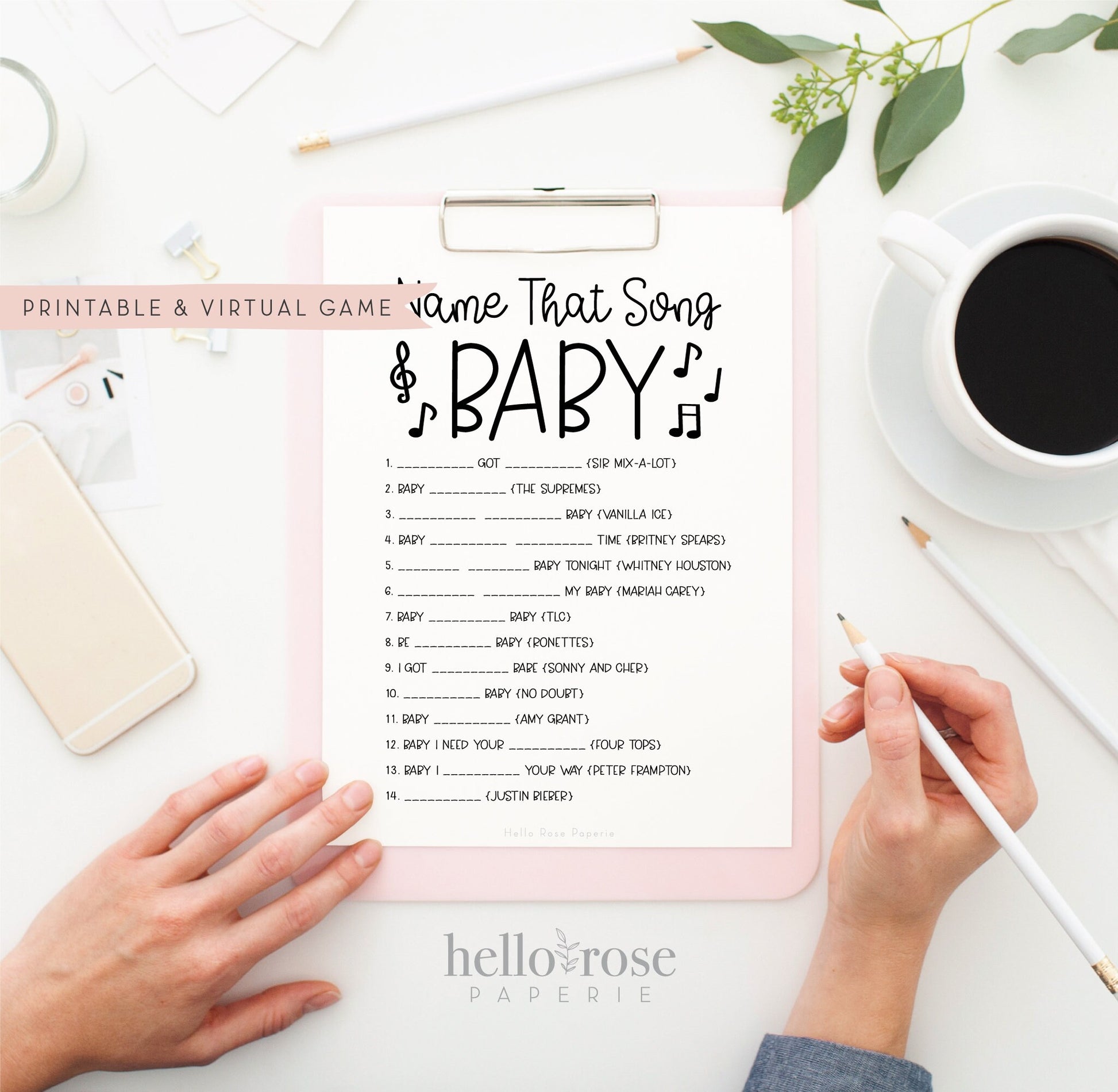 Name That Song Baby Trivia . Printable Baby Shower Game . Boy Girl or Neutral . Kraft + Minimalist Black & White . Instant Download PDF K4