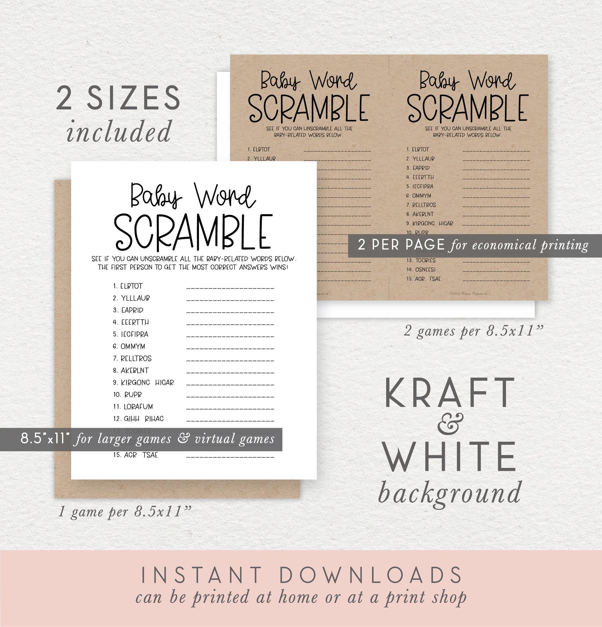 Baby Word Scramble Baby Shower Printable Game . Boy or Girl . Kraft + Minimalist Black and White . Instant Digital Download PDF K4