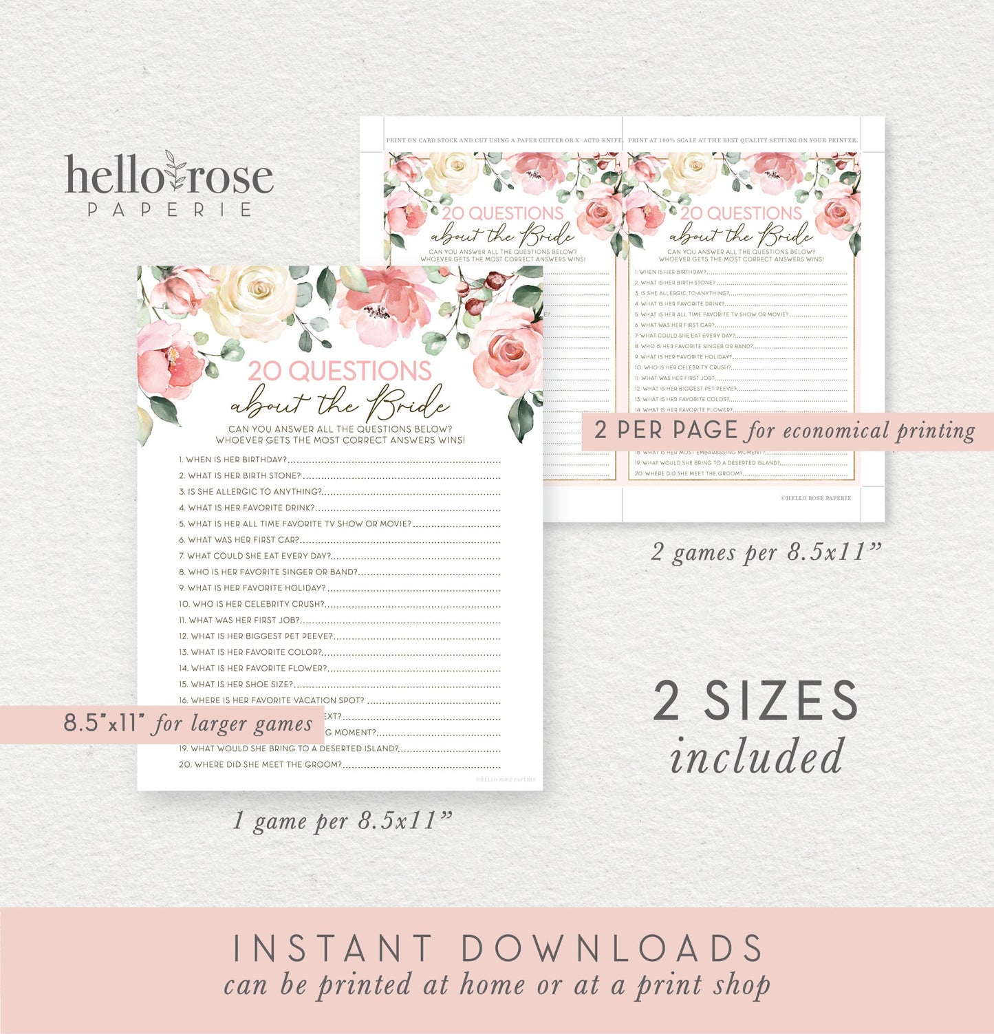 20 Questions About the Bride Printable . Bridal Shower Bachelorette Party Game . Rustic Pink Roses Greenery Eucalyptus . Instant Download